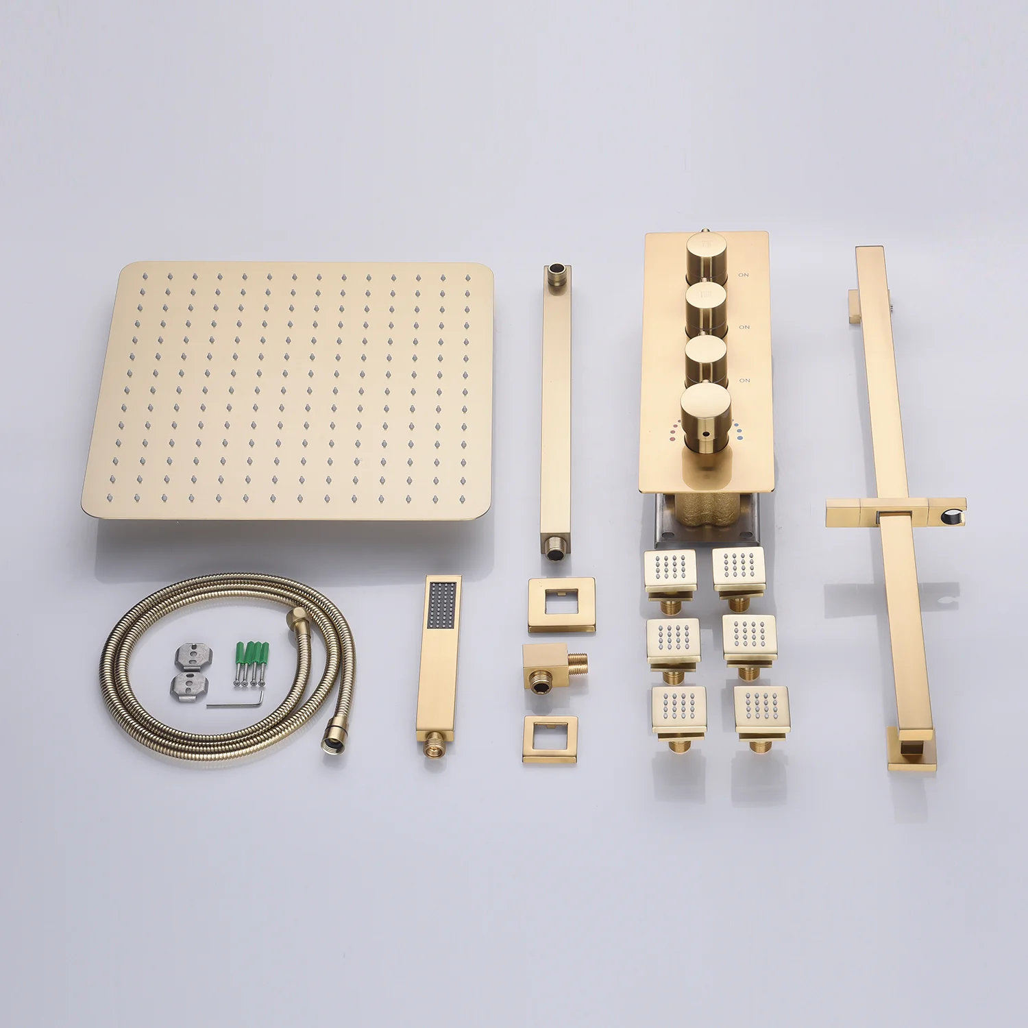 Brushed gold 12inch rainfall shower head 3 way thermostatic shower faucet with sliding bar and 6 body jets - Image 3