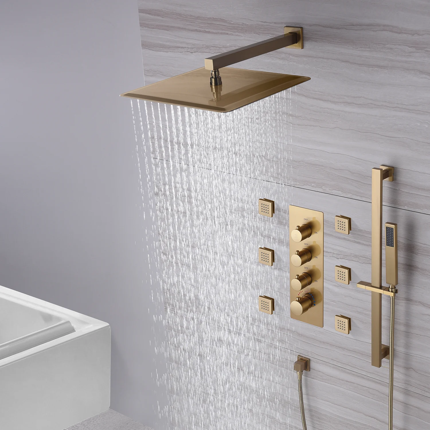 Brushed gold 12inch rainfall shower head 3 way thermostatic shower faucet with sliding bar and 6 body jets - Image 4