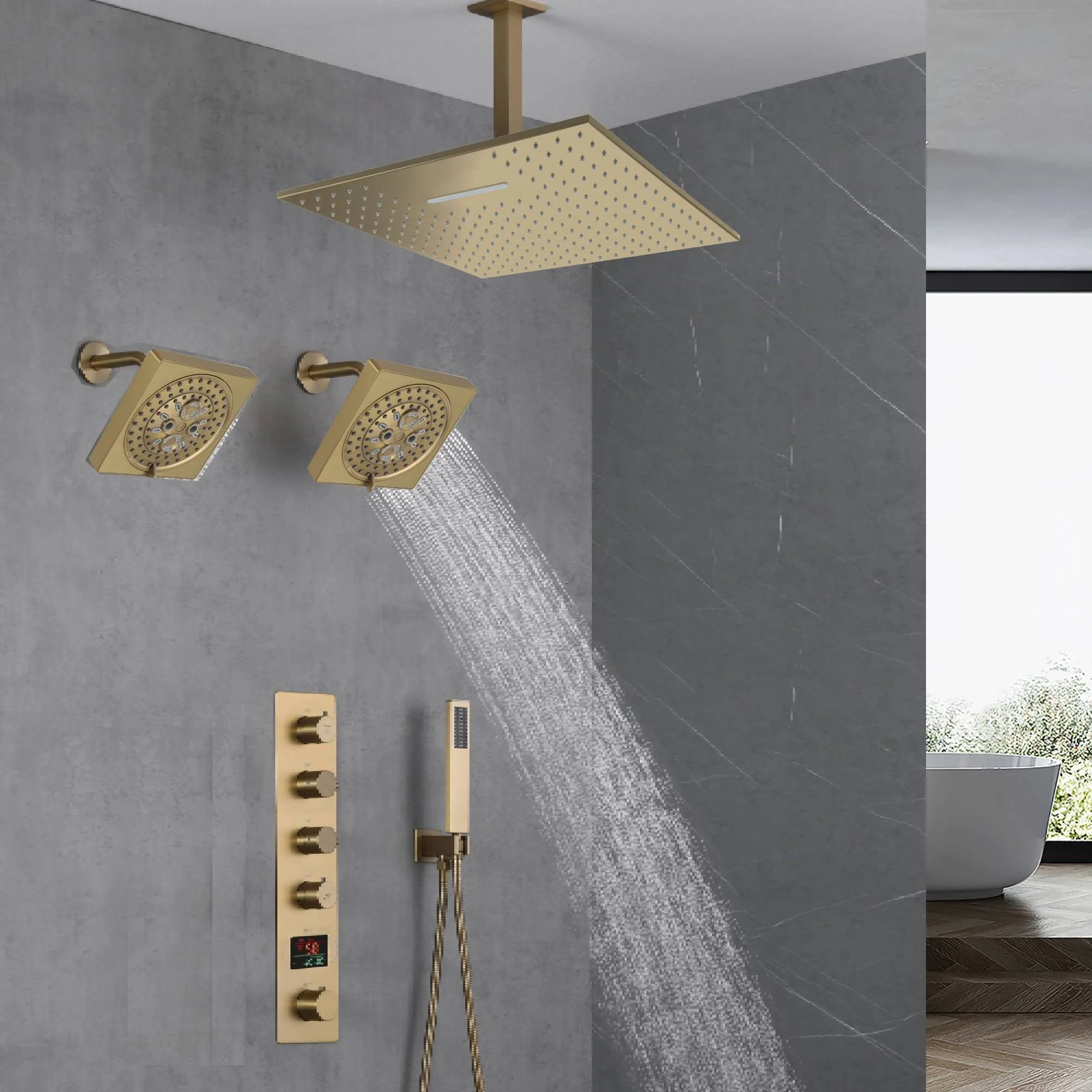 Brushed Gold Ceiling Mount Shower System with 4-Way Thermostatic Faucet - Image 2