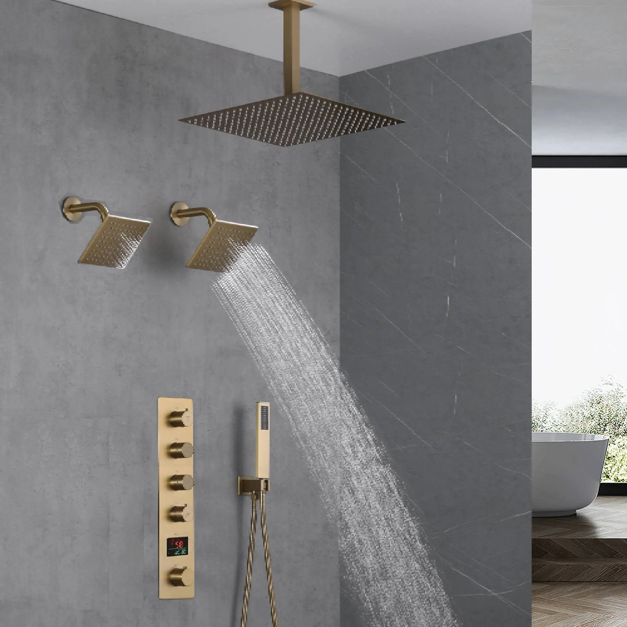 Brushed Gold Ceiling Mount Shower System with 4-Way Thermostatic Faucet - Image 3