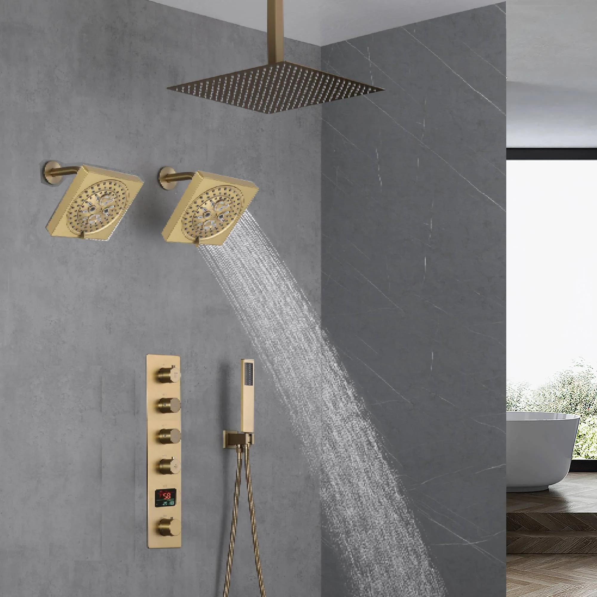 Brushed Gold Ceiling Mount Shower System with 4-Way Thermostatic Faucet - Image 4