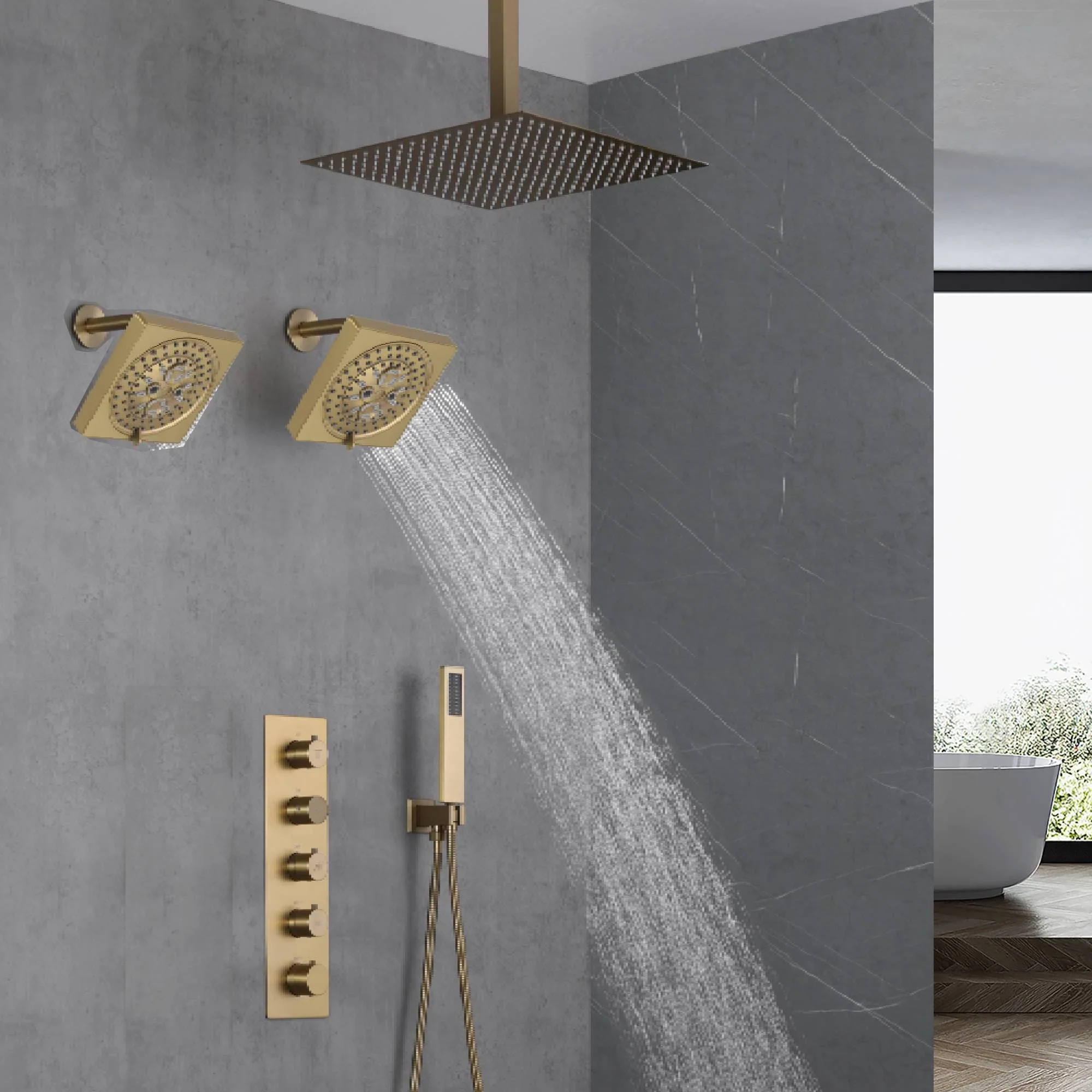 Brushed Gold Ceiling Mount Shower System with 4-Way Thermostatic Faucet - Image 5