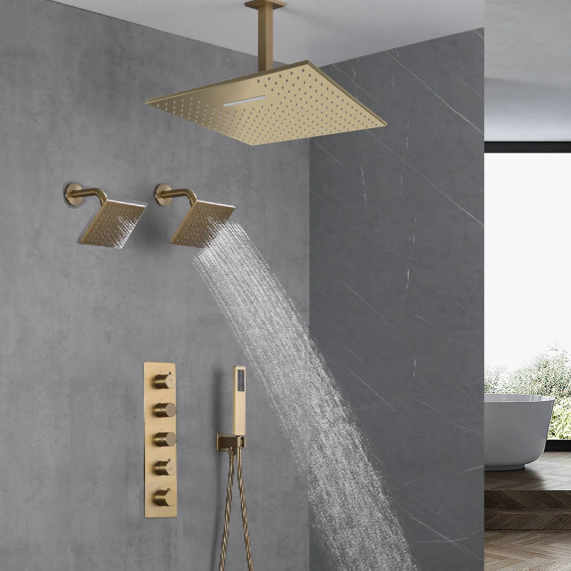 Brushed Gold Ceiling Mount Shower System with 4-Way Thermostatic Faucet - Image 6
