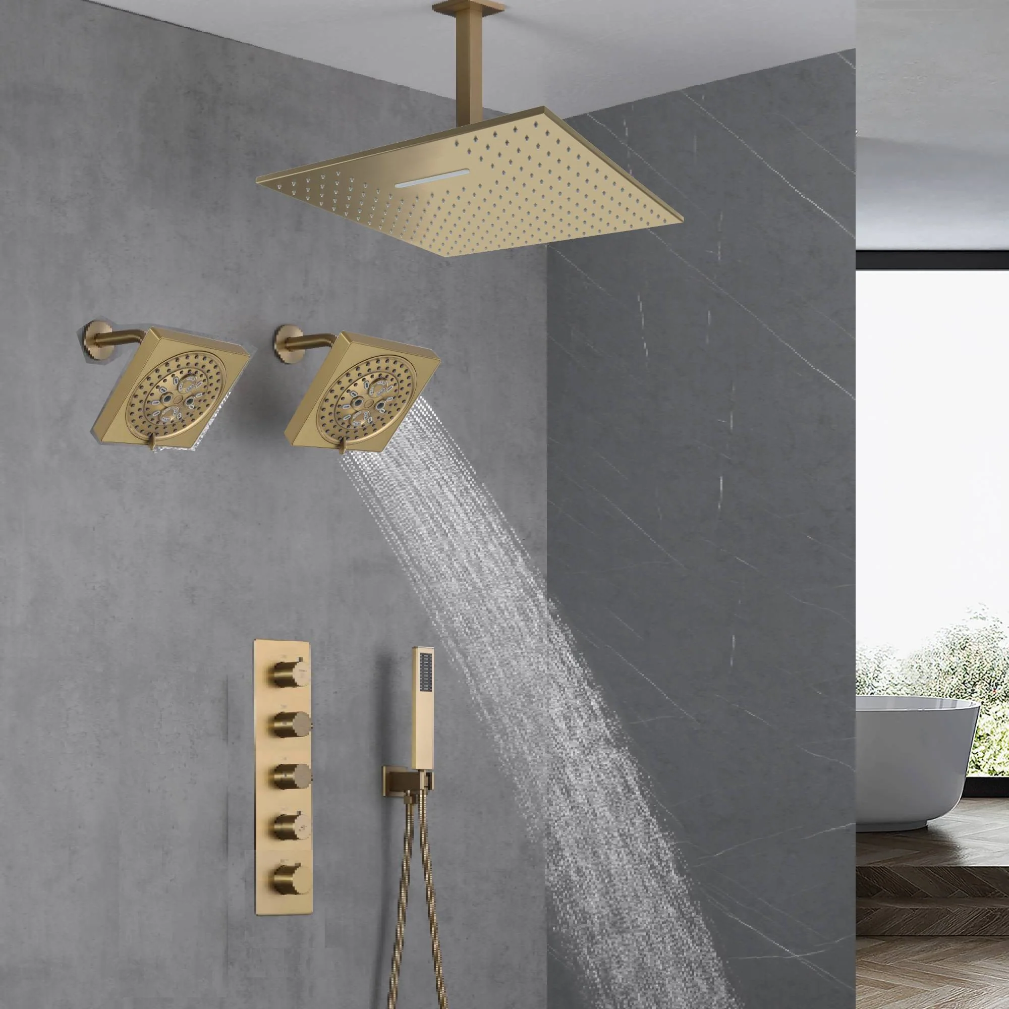 Brushed Gold Ceiling Mount Shower System with 4-Way Thermostatic Faucet - Image 7