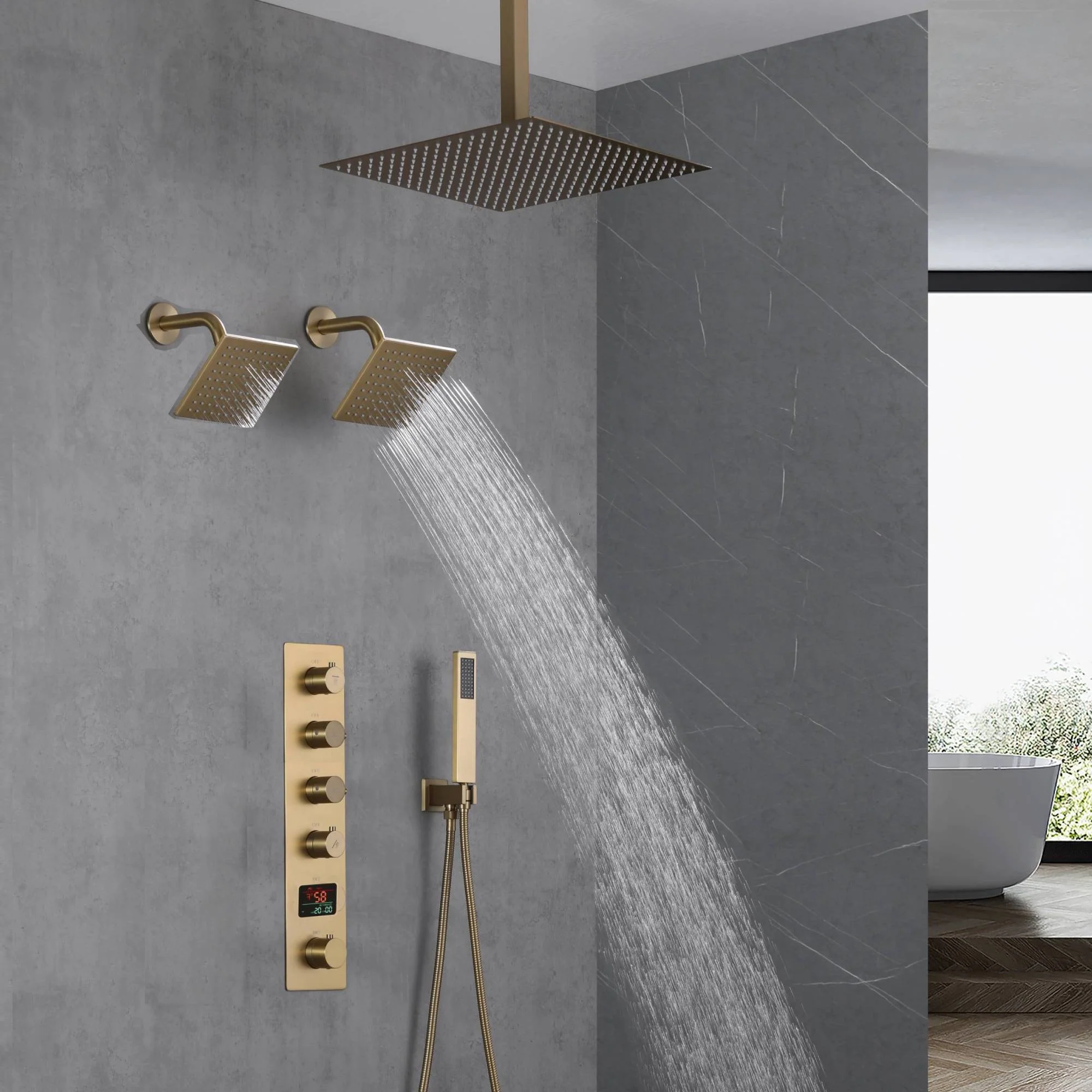 Brushed Gold Ceiling Mount Shower System with 4-Way Thermostatic Faucet - Image 8