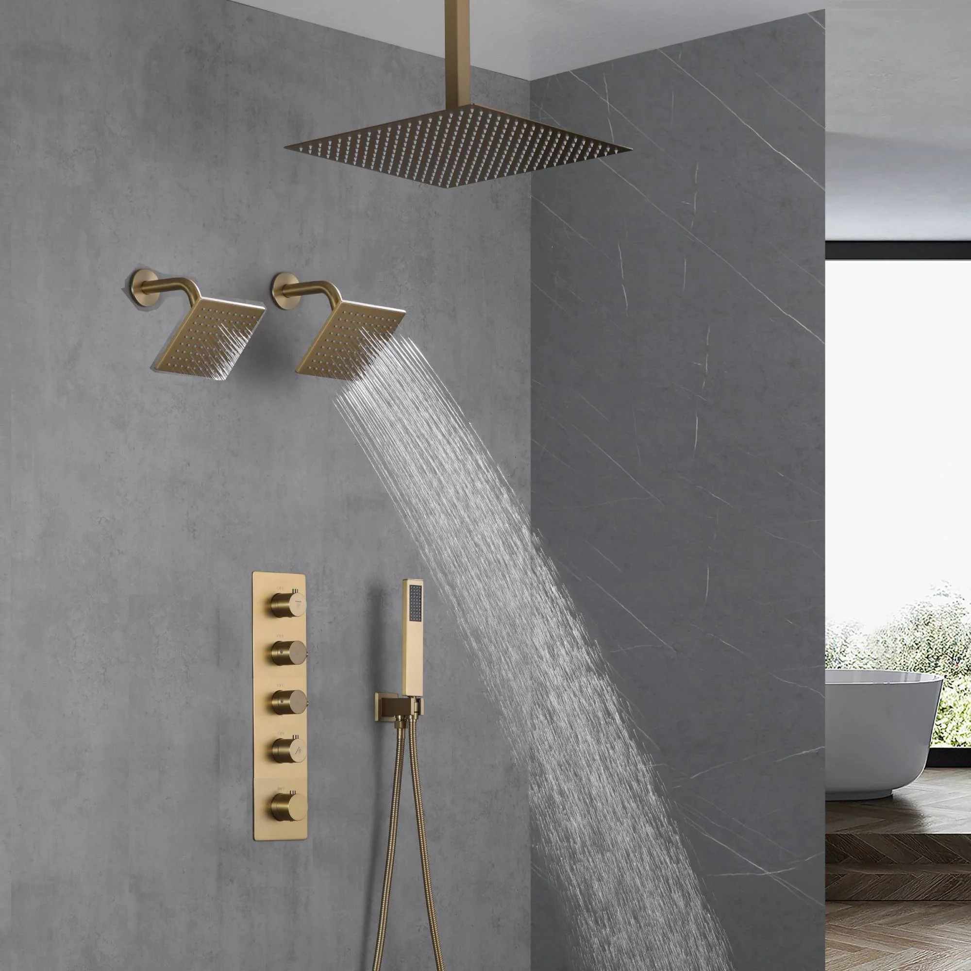 Brushed Gold Ceiling Mount Shower System with 4-Way Thermostatic Faucet - Image 9