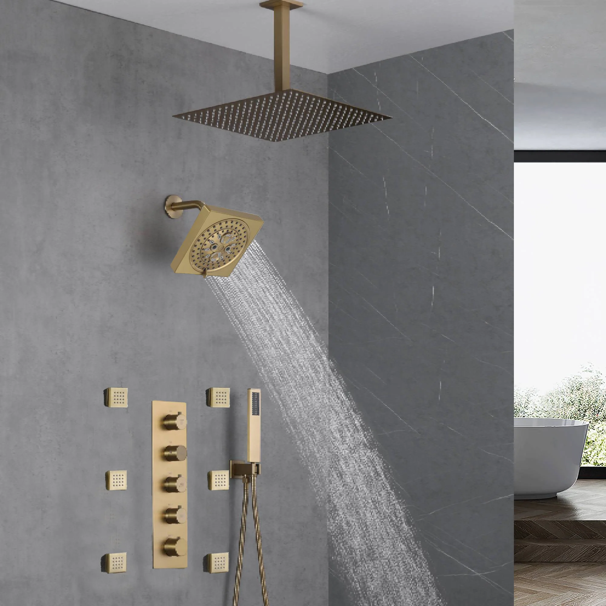 Brushed Gold 16-Inch Rainfall Ceiling Mount Shower Head with 4-Way Thermostatic Faucet, Body Jets, and High-Pressure Wall Mount Head - Image 2