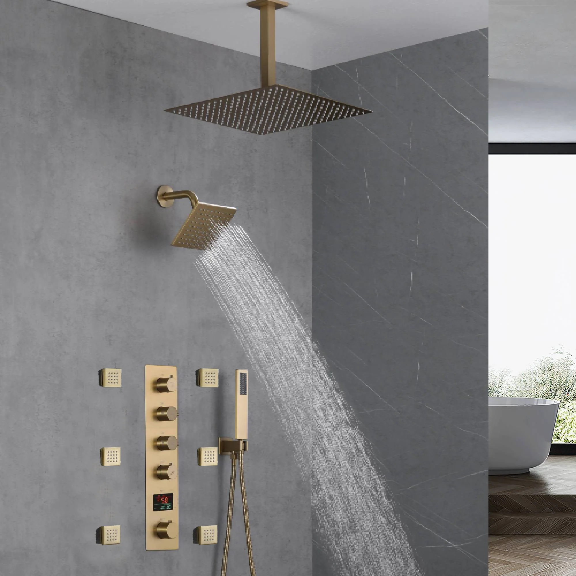 Brushed Gold 16-Inch Rainfall Ceiling Mount Shower Head with 4-Way Thermostatic Faucet, Body Jets, and High-Pressure Wall Mount Head - Image 3