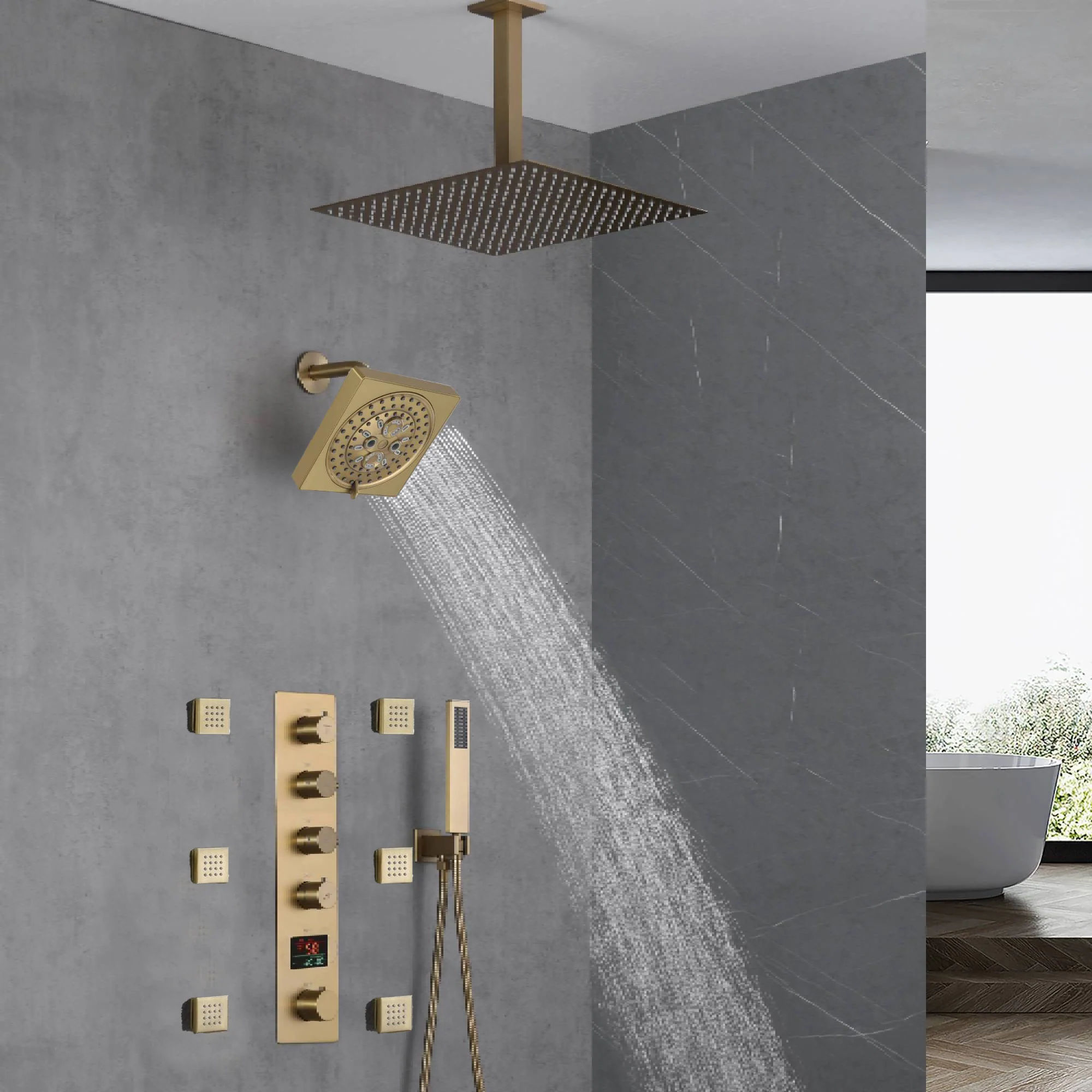 Brushed Gold 16-Inch Rainfall Ceiling Mount Shower Head with 4-Way Thermostatic Faucet, Body Jets, and High-Pressure Wall Mount Head - Image 4