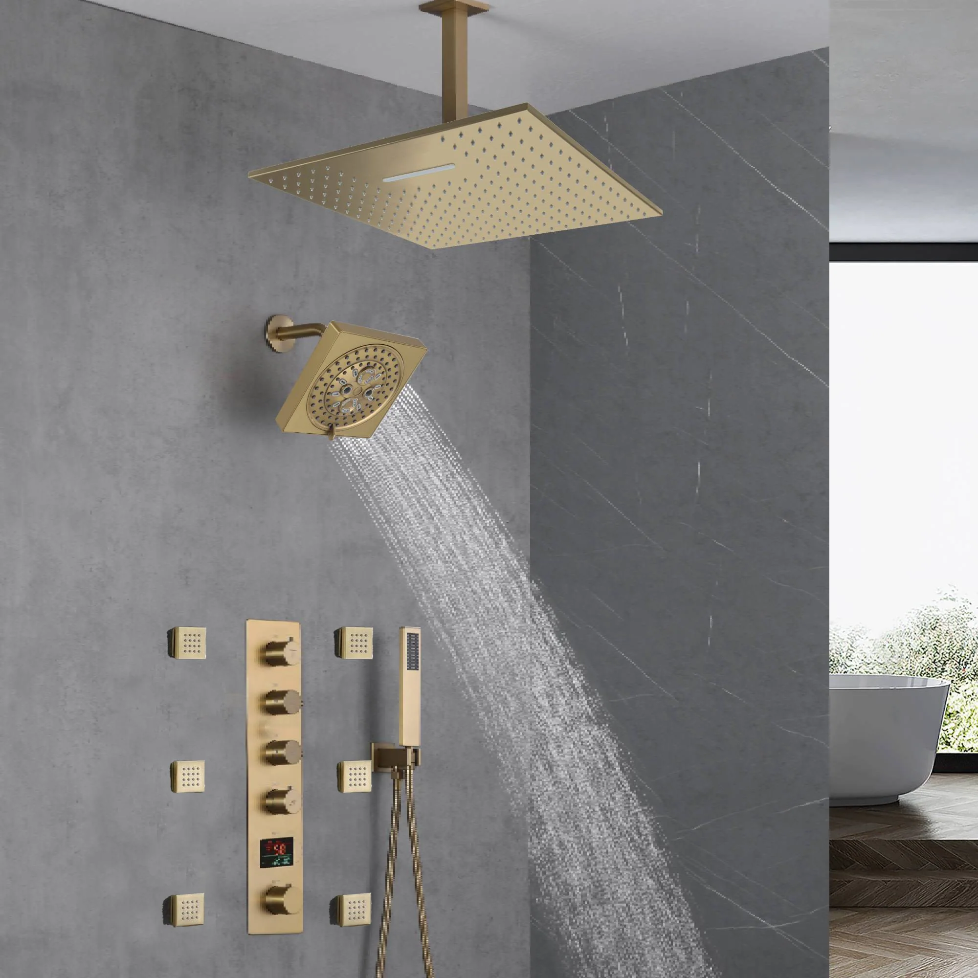 Brushed Gold 16-Inch Rainfall Ceiling Mount Shower Head with 4-Way Thermostatic Faucet, Body Jets, and High-Pressure Wall Mount Head - Image 5