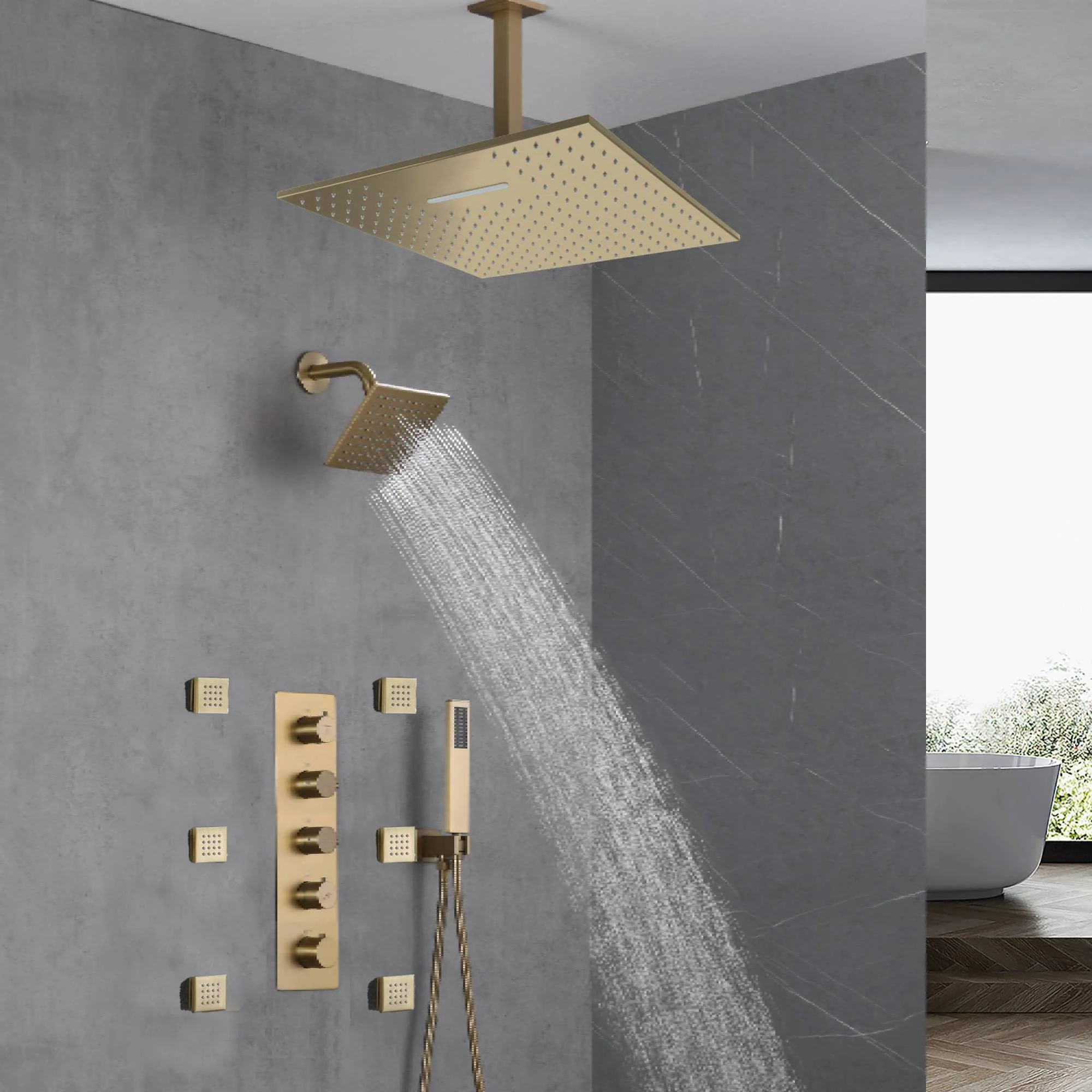 Brushed Gold 16-Inch Rainfall Ceiling Mount Shower Head with 4-Way Thermostatic Faucet, Body Jets, and High-Pressure Wall Mount Head - Image 6