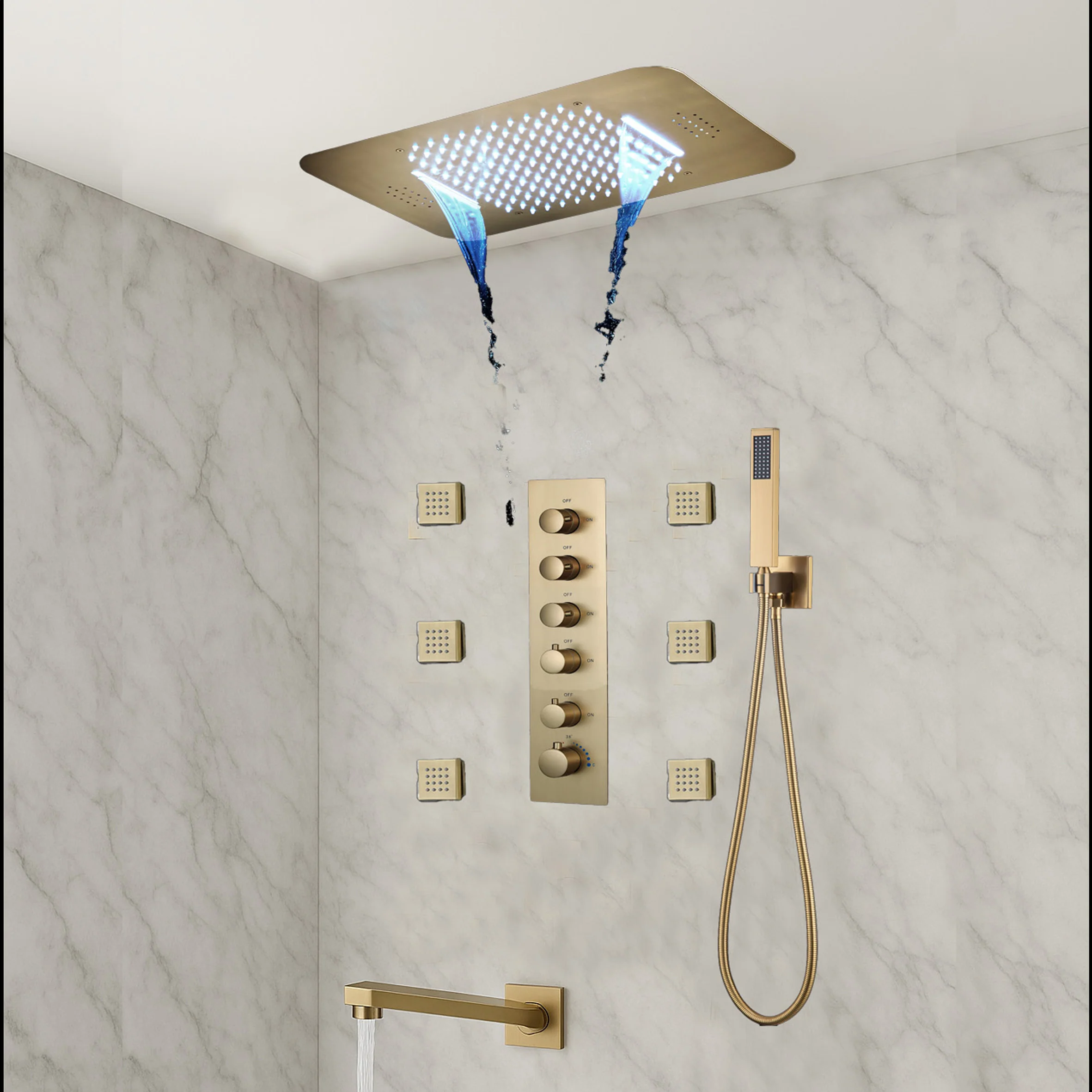 Brushed Gold Or Brushed Nickel Or Matte Black Or Chrome 23x15" LED Music Shower Head with 5-Way Thermostatic Faucet With Tub Spout