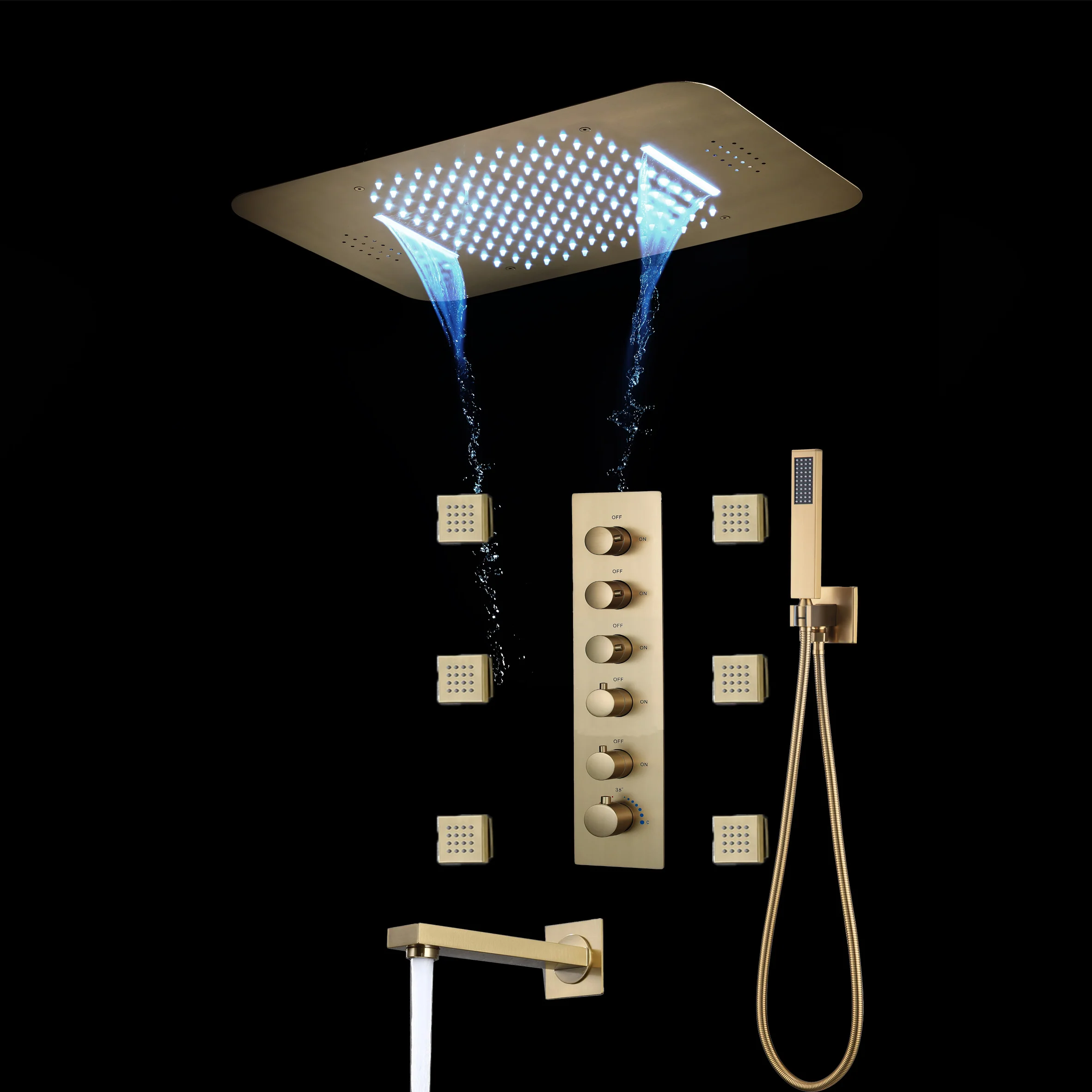 Brushed Gold Or Brushed Nickel Or Matte Black Or Chrome 23x15" LED Music Shower Head with 5-Way Thermostatic Faucet With Tub Spout - Image 2