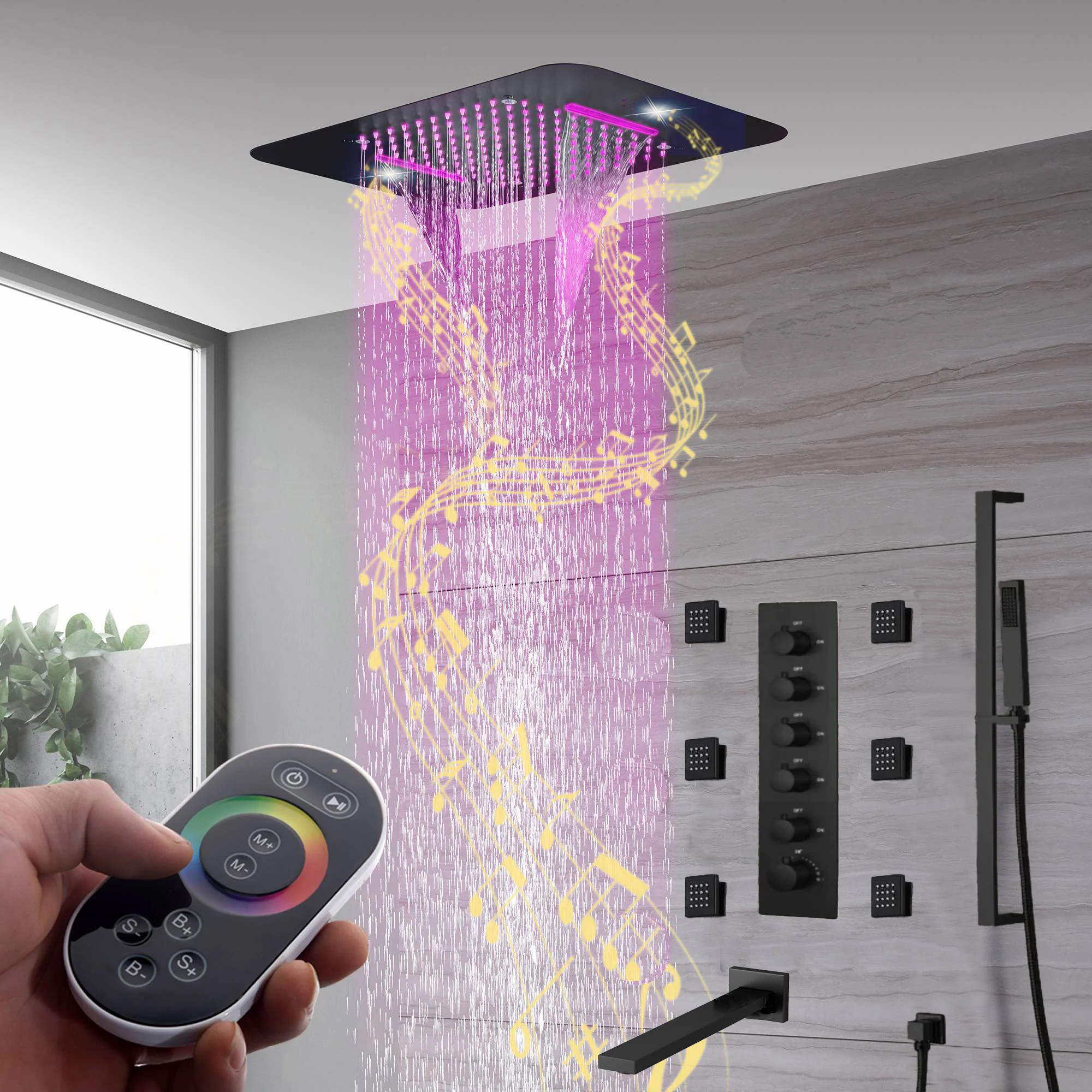 Brushed Gold Or Brushed Nickel Or Matte Black Or Chrome 23x15" LED Music Shower Head with 5-Way Thermostatic Faucet With Tub Spout - Image 20