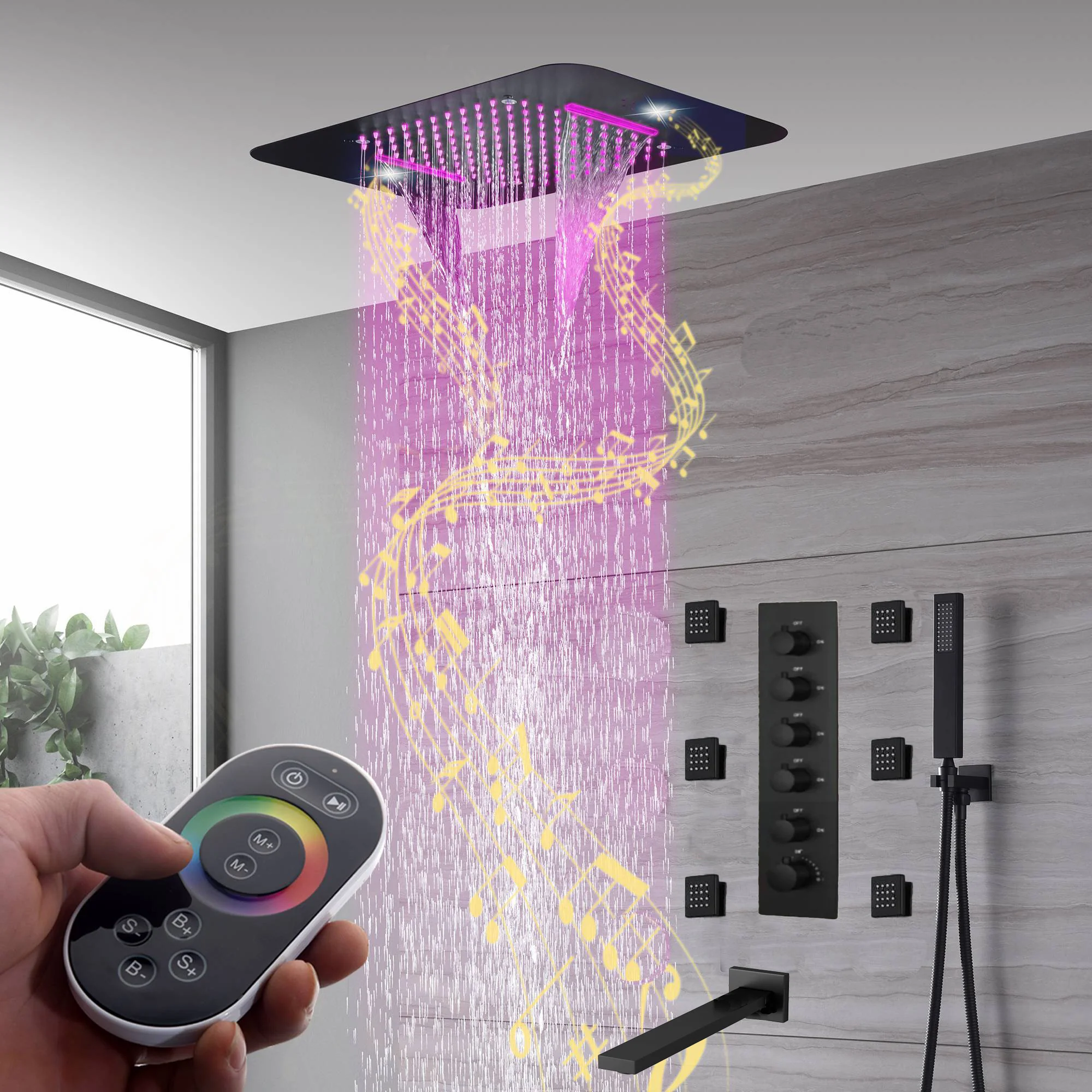 Brushed Gold Or Brushed Nickel Or Matte Black Or Chrome 23x15" LED Music Shower Head with 5-Way Thermostatic Faucet With Tub Spout - Image 21
