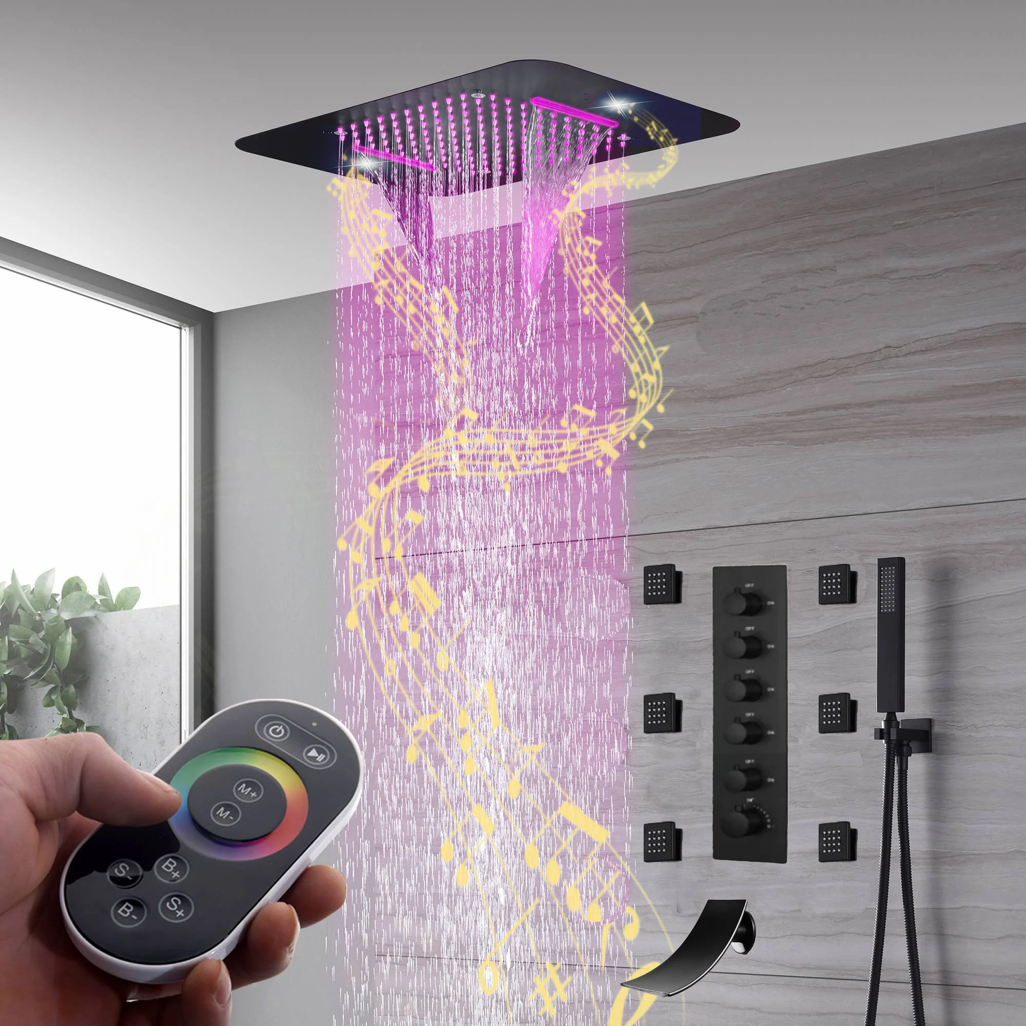 Brushed Gold Or Brushed Nickel Or Matte Black Or Chrome 23x15" LED Music Shower Head with 5-Way Thermostatic Faucet With Tub Spout - Image 22