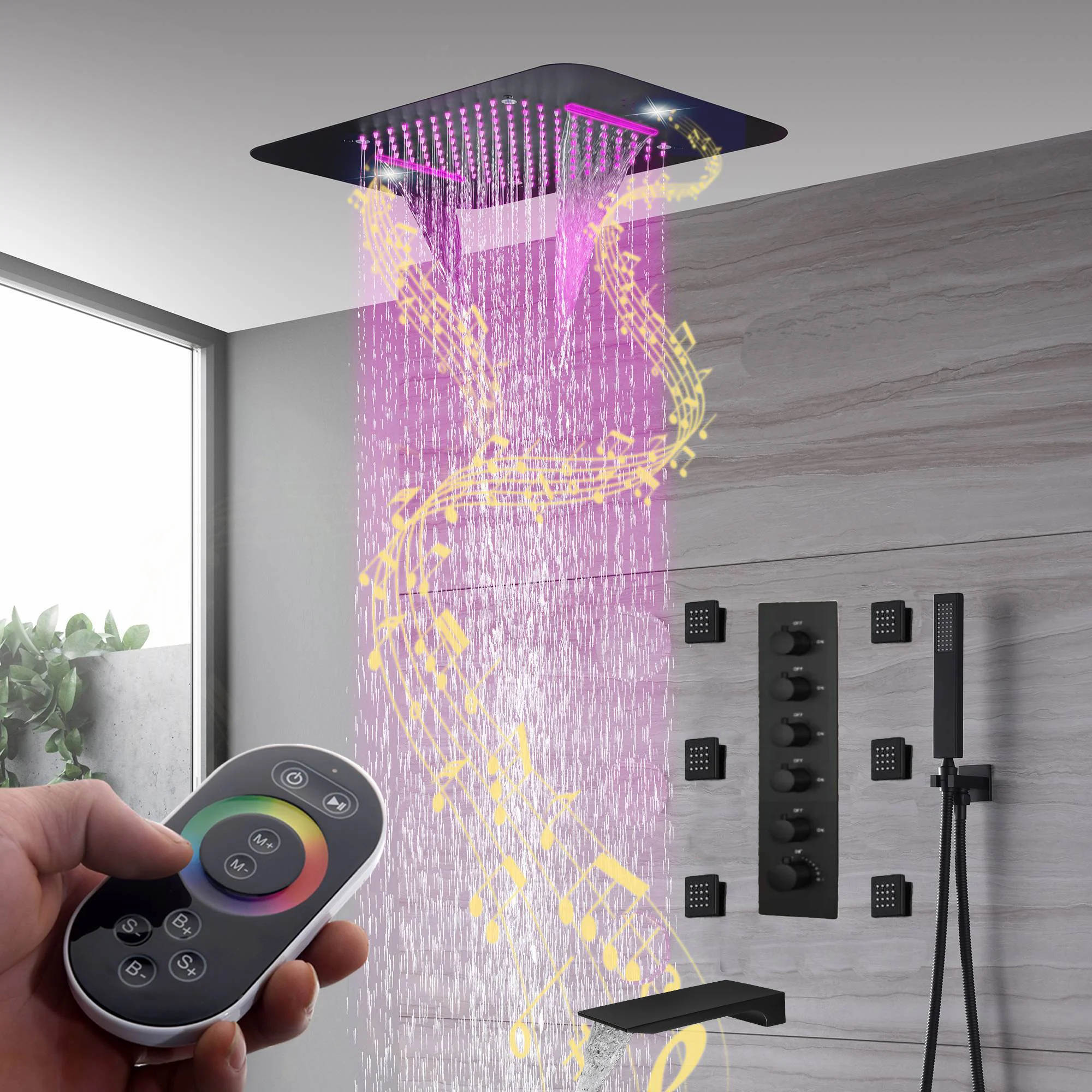 Brushed Gold Or Brushed Nickel Or Matte Black Or Chrome 23x15" LED Music Shower Head with 5-Way Thermostatic Faucet With Tub Spout - Image 23
