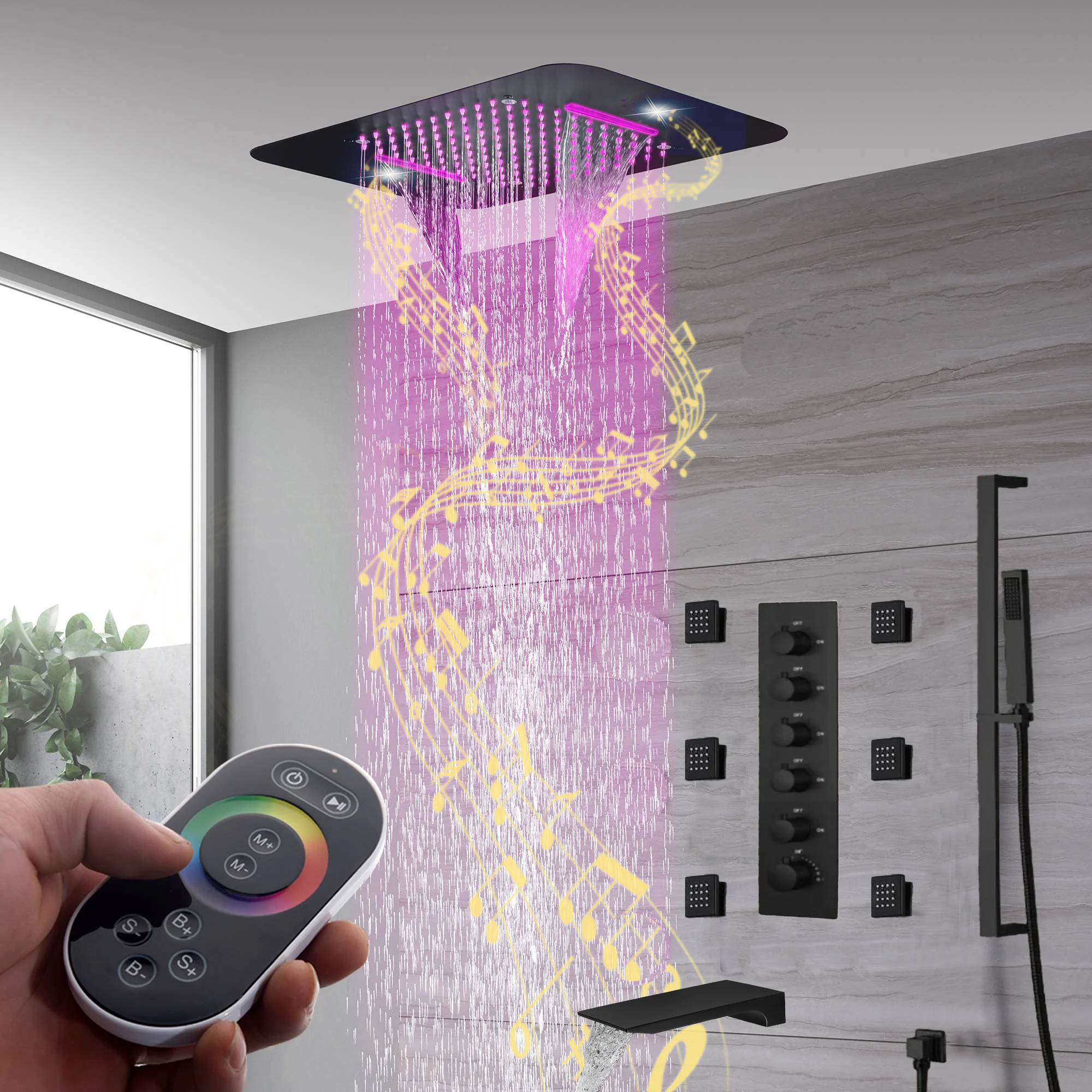 Brushed Gold Or Brushed Nickel Or Matte Black Or Chrome 23x15" LED Music Shower Head with 5-Way Thermostatic Faucet With Tub Spout - Image 24