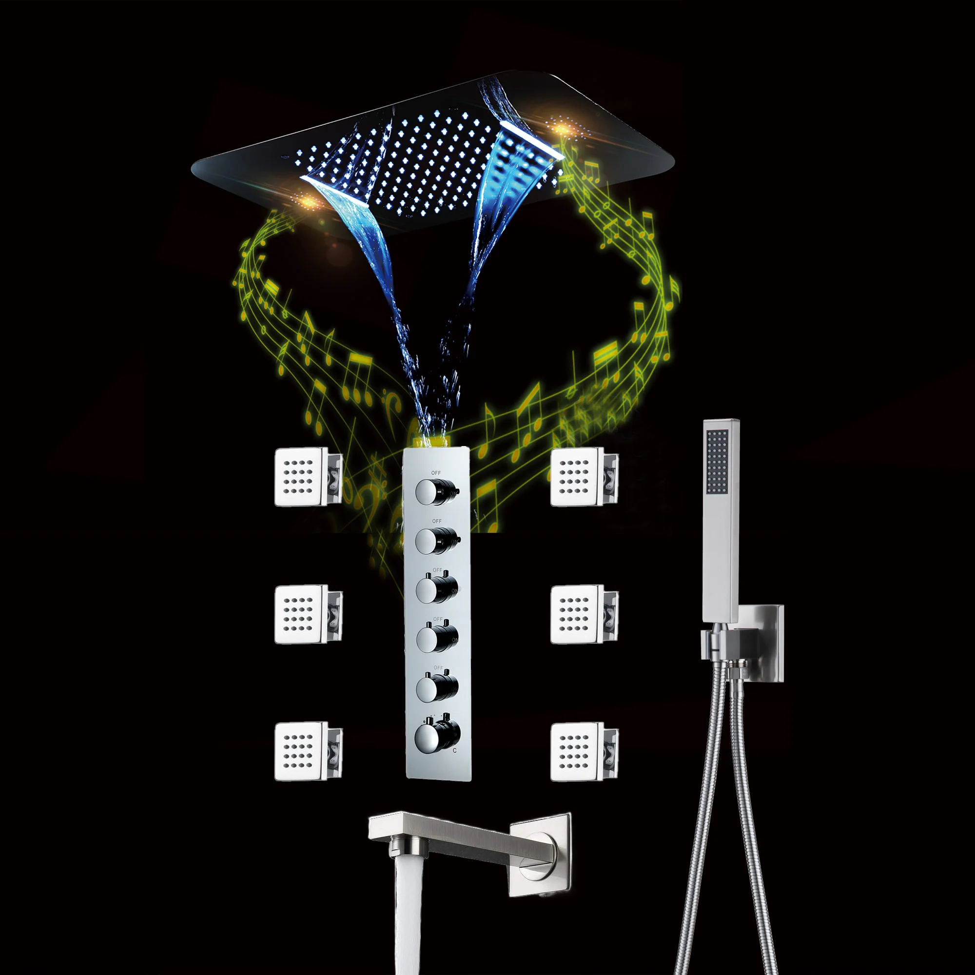 Brushed Gold Or Brushed Nickel Or Matte Black Or Chrome 23x15" LED Music Shower Head with 5-Way Thermostatic Faucet With Tub Spout - Image 25