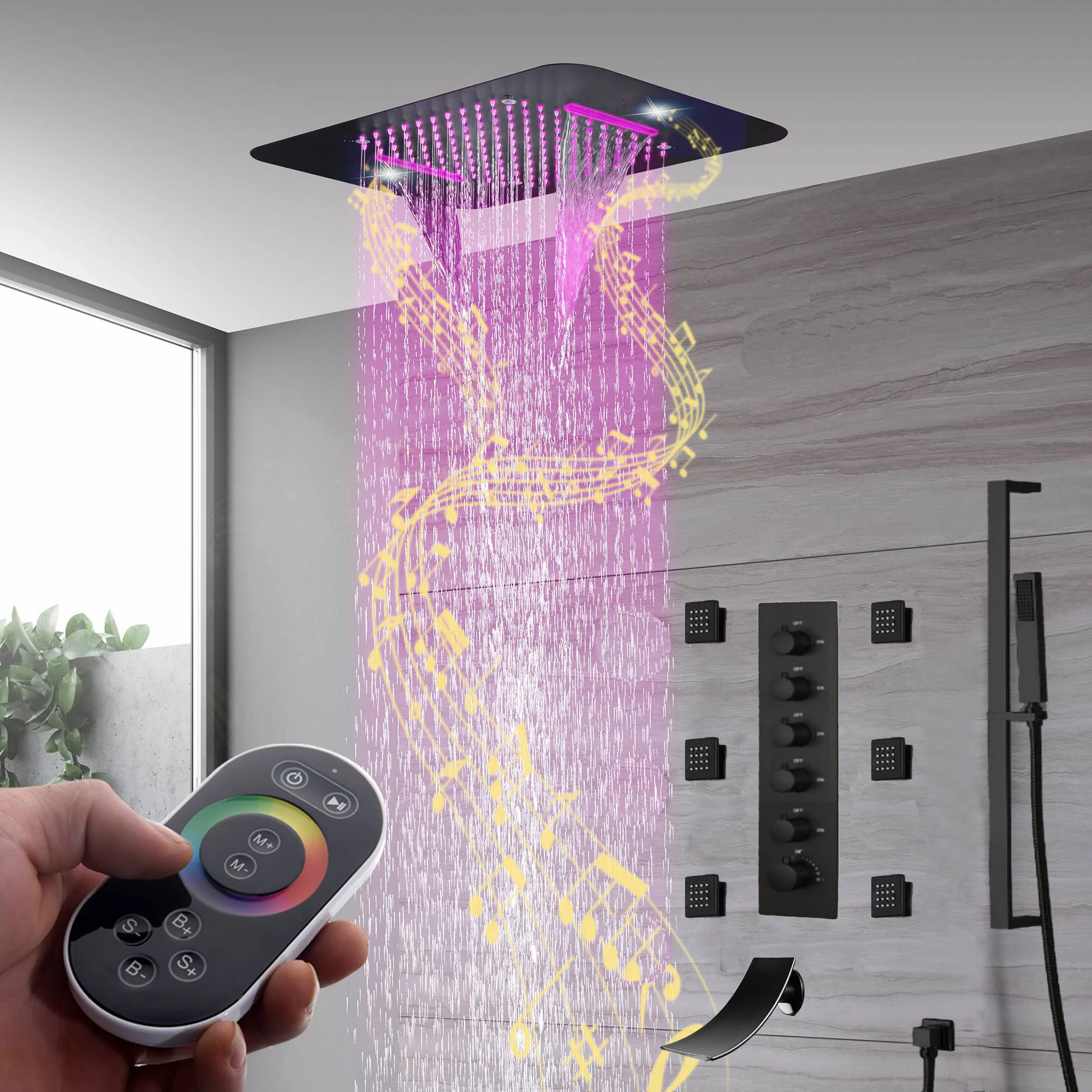 Brushed Gold Or Brushed Nickel Or Matte Black Or Chrome 23x15" LED Music Shower Head with 5-Way Thermostatic Faucet With Tub Spout - Image 26
