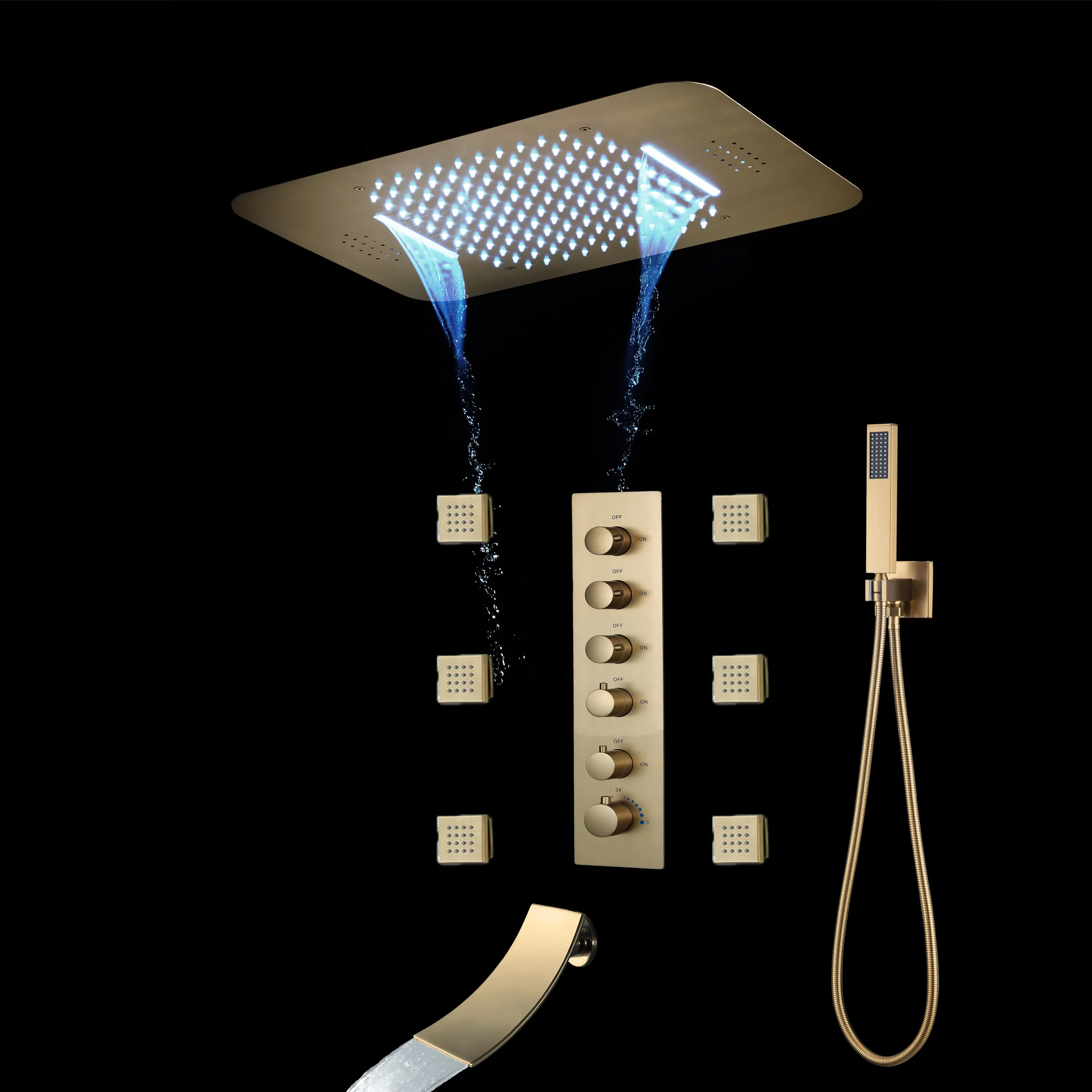 Brushed Gold Or Brushed Nickel Or Matte Black Or Chrome 23x15" LED Music Shower Head with 5-Way Thermostatic Faucet With Tub Spout - Image 3