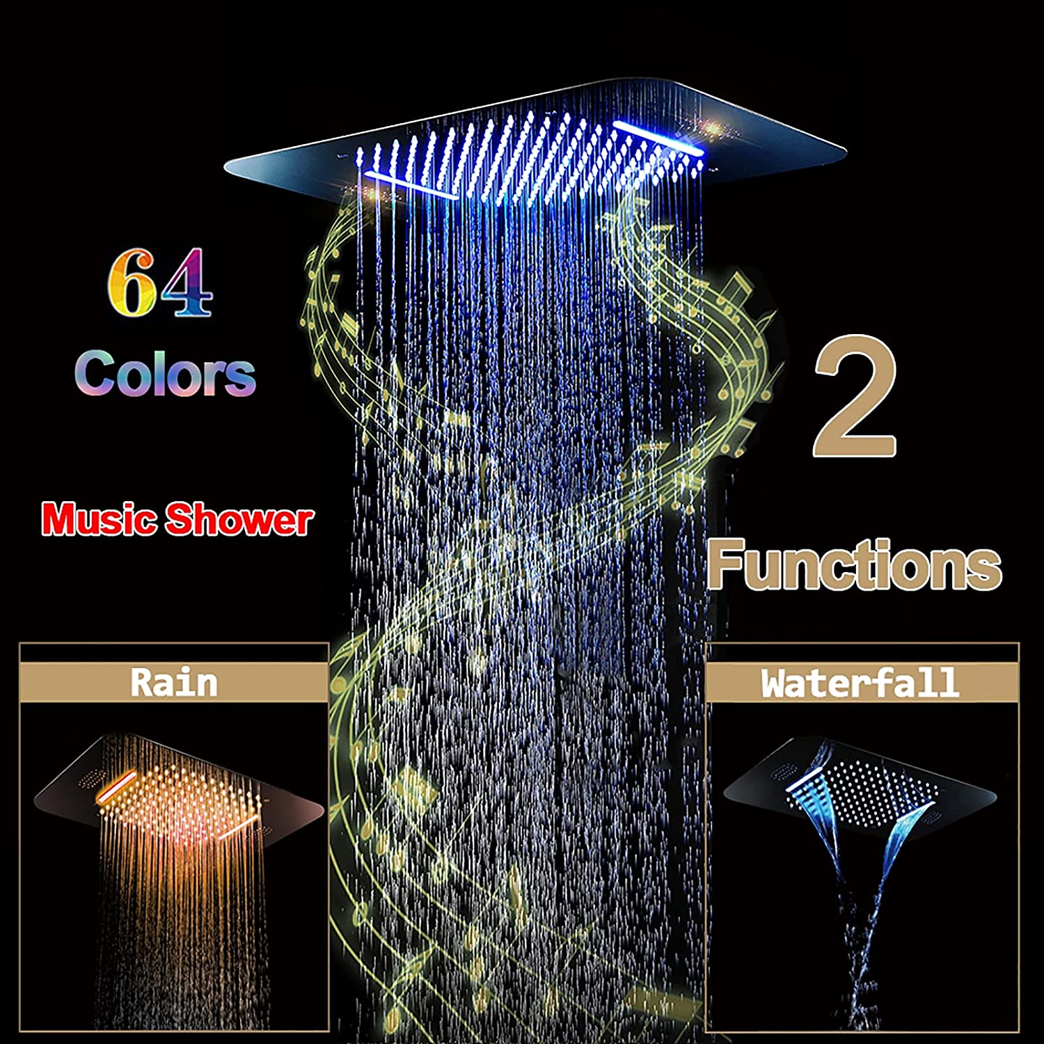 Brushed Gold Or Brushed Nickel Or Matte Black Or Chrome 23x15" LED Music Shower Head with 5-Way Thermostatic Faucet With Tub Spout - Image 34