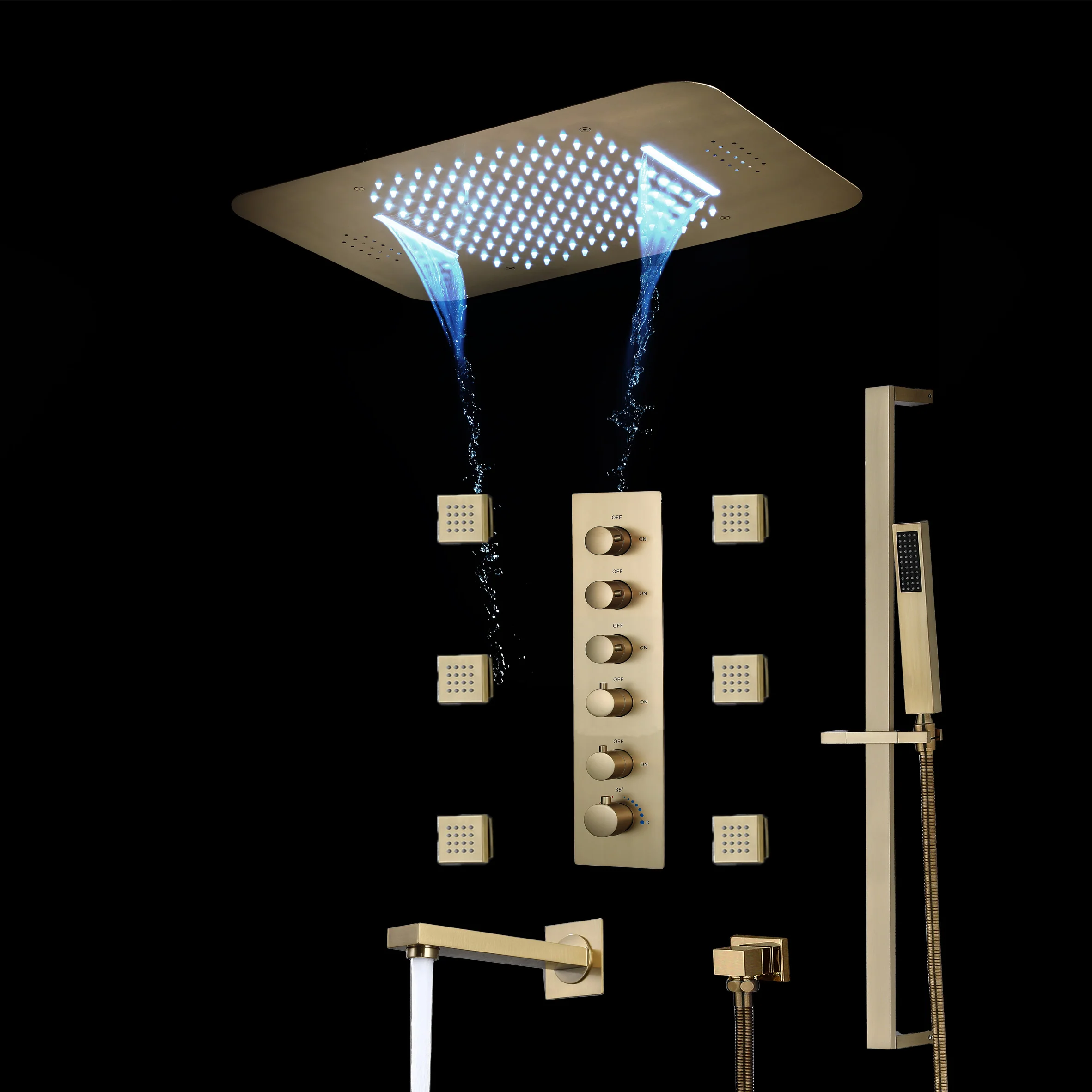 Brushed Gold Or Brushed Nickel Or Matte Black Or Chrome 23x15" LED Music Shower Head with 5-Way Thermostatic Faucet With Tub Spout - Image 4