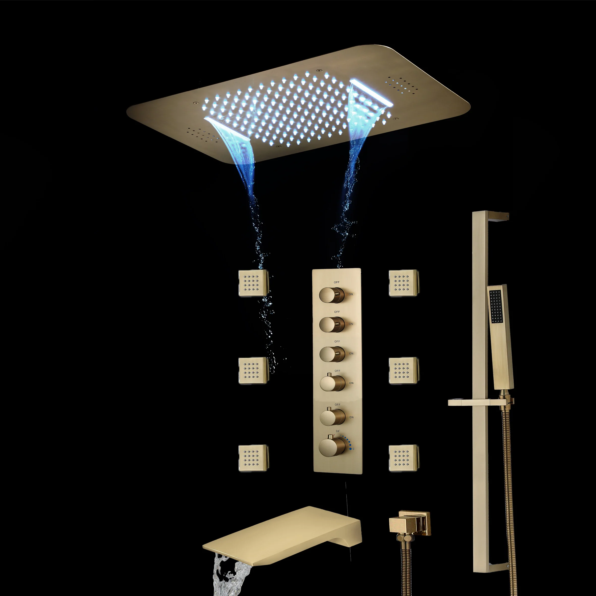 Brushed Gold Or Brushed Nickel Or Matte Black Or Chrome 23x15" LED Music Shower Head with 5-Way Thermostatic Faucet With Tub Spout - Image 5