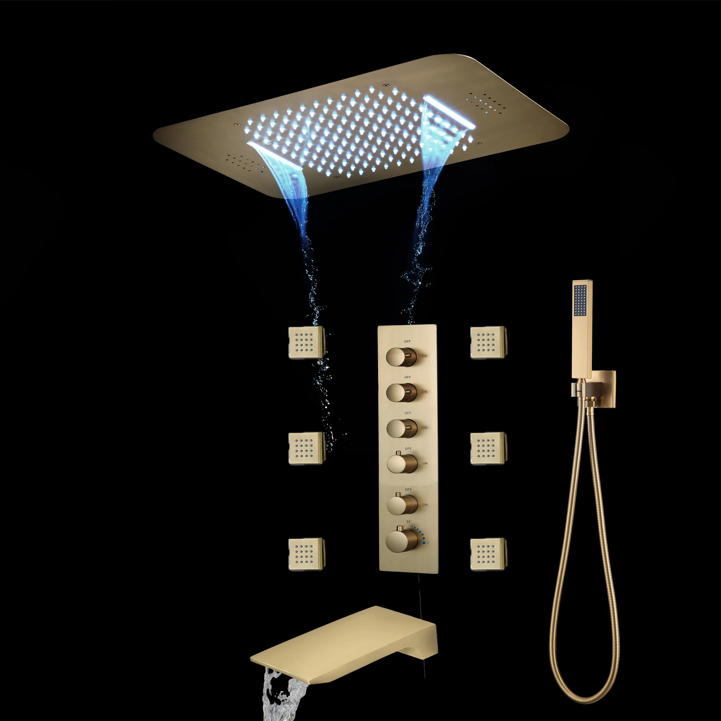 Brushed Gold Or Brushed Nickel Or Matte Black Or Chrome 23x15" LED Music Shower Head with 5-Way Thermostatic Faucet With Tub Spout - Image 6