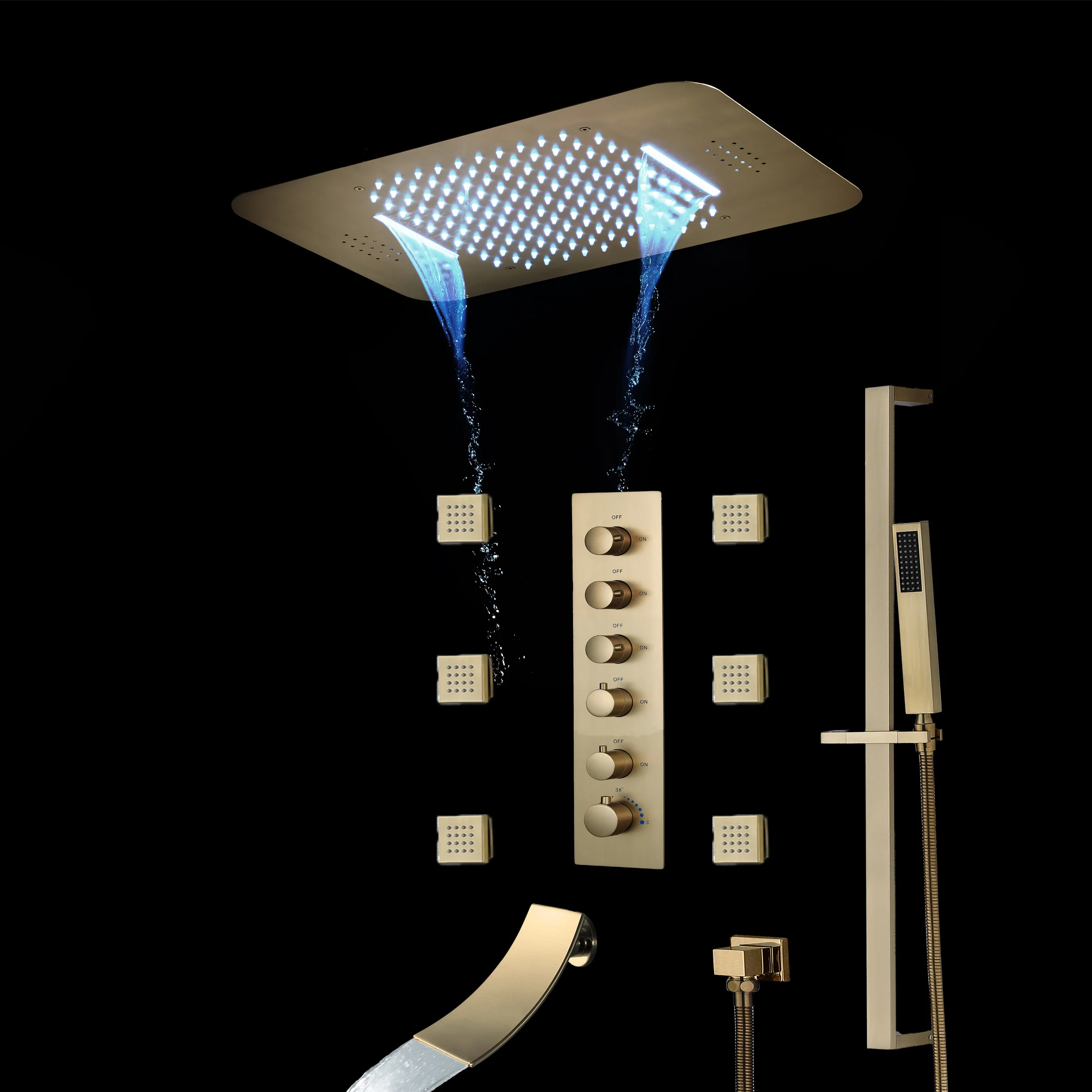 Brushed Gold Or Brushed Nickel Or Matte Black Or Chrome 23x15" LED Music Shower Head with 5-Way Thermostatic Faucet With Tub Spout - Image 7