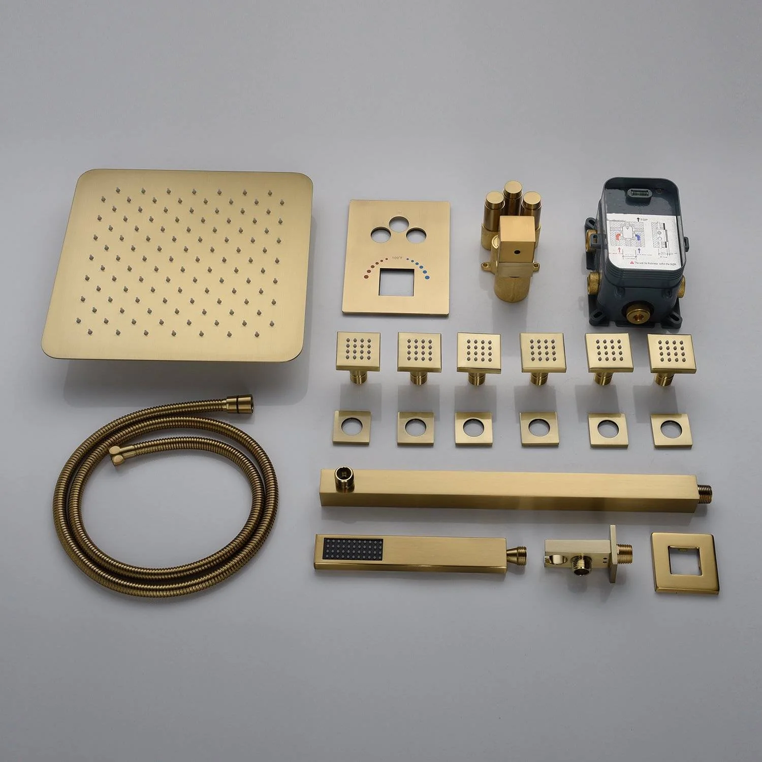 Brushed Gold Wall-Mounted 3-Way Thermostatic Shower System with Body Jets - Image 10