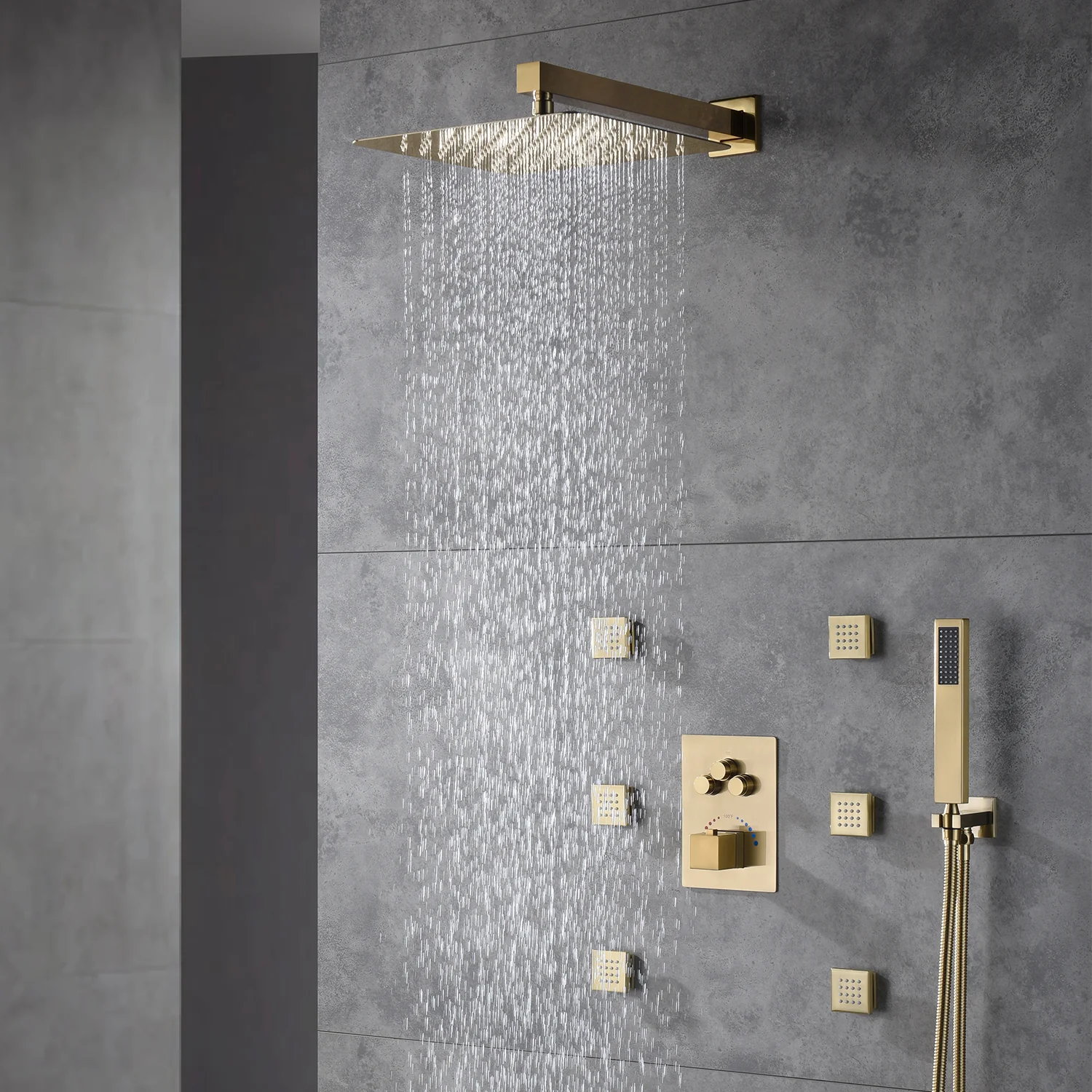 Brushed Gold Wall-Mounted 3-Way Thermostatic Shower System with Body Jets - Image 3