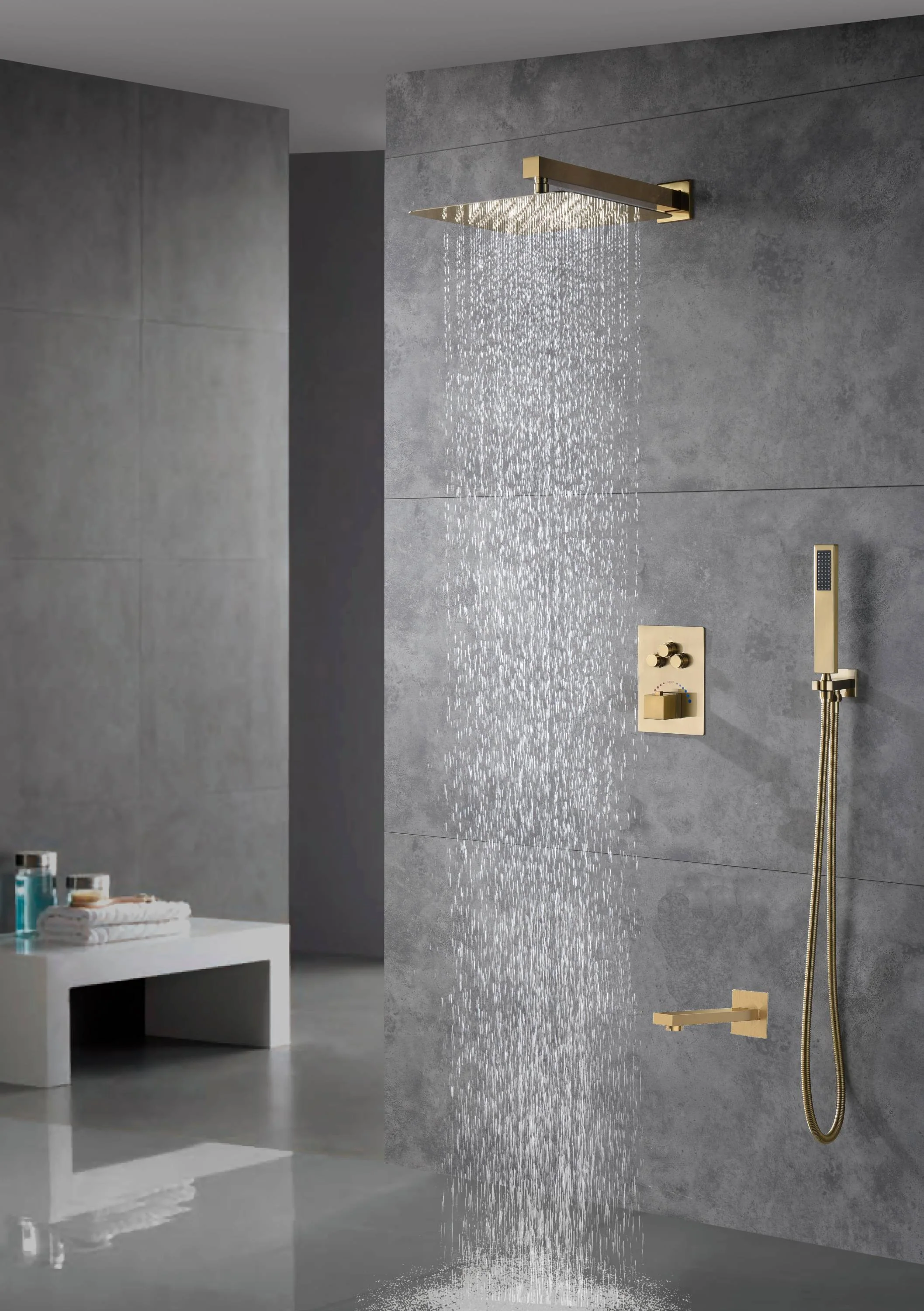 Brushed gold 3 way Thermostatic Shower valve system with tub spout that each function run all together and separately - Image 10