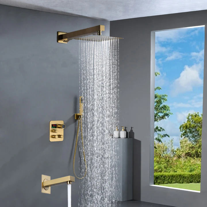 Brushed gold 3 way Thermostatic Shower valve system with tub spout that each function run all together and separately - Image 3