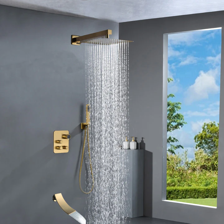 Brushed gold 3 way Thermostatic Shower valve system with tub spout that each function run all together and separately - Image 4