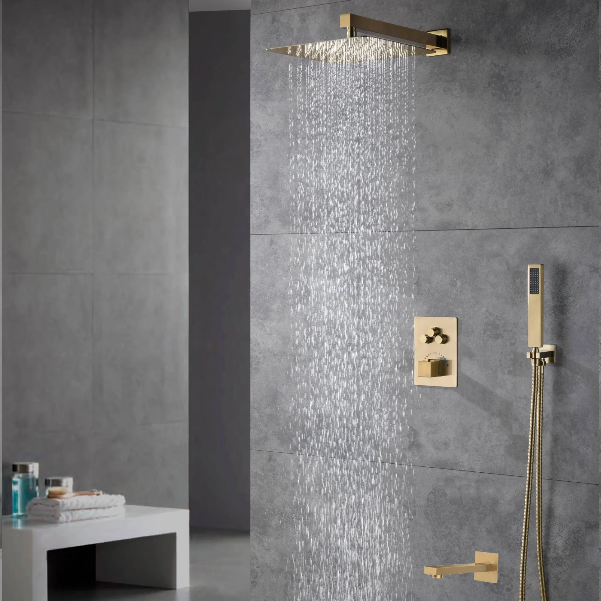 Brushed gold 3 way Thermostatic Shower valve system with tub spout that each function run all together and separately - Image 5