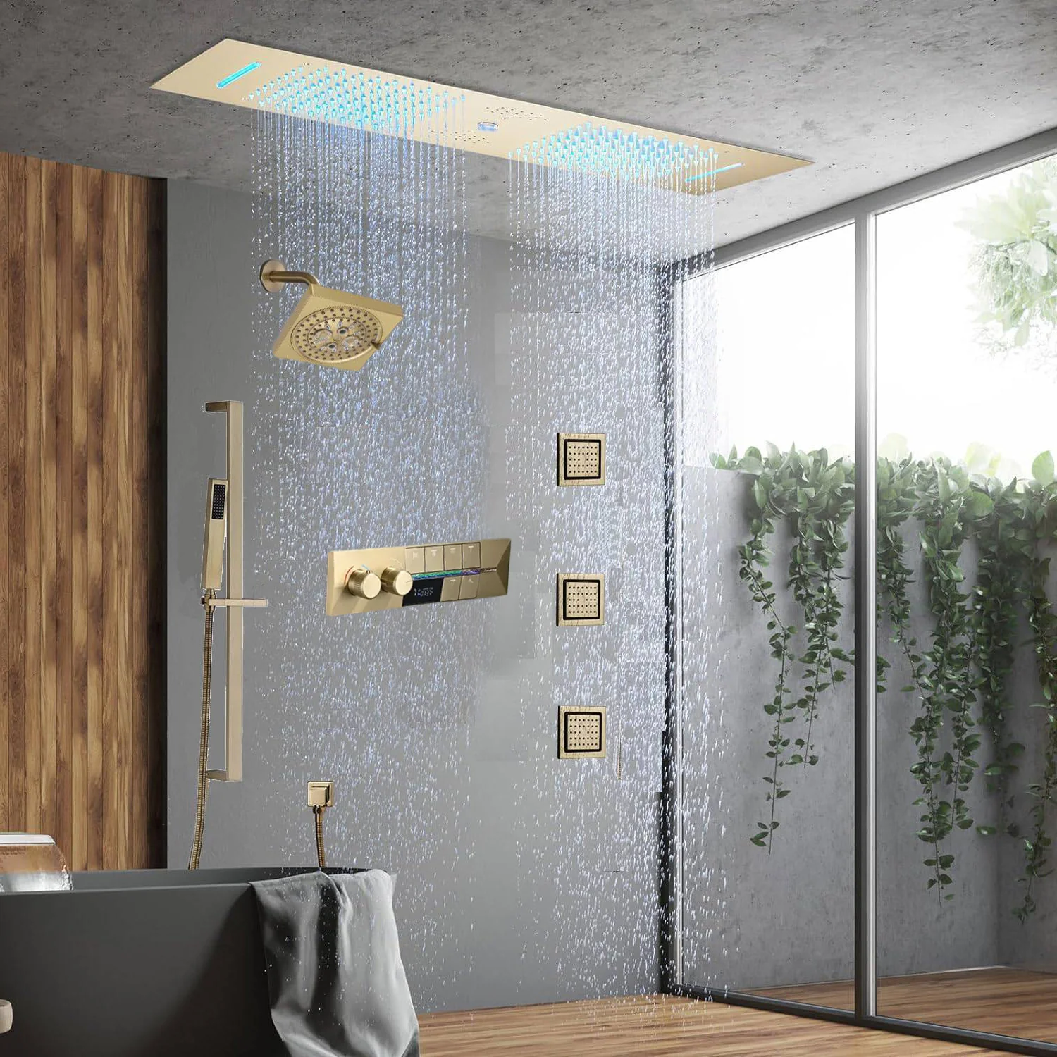 Brushed Gold 35" Bluetooth Music LED Shower System with Waterfall, 6-Way Digital Thermostatic Valve,  Body Jets, Touch Panel - Image 2