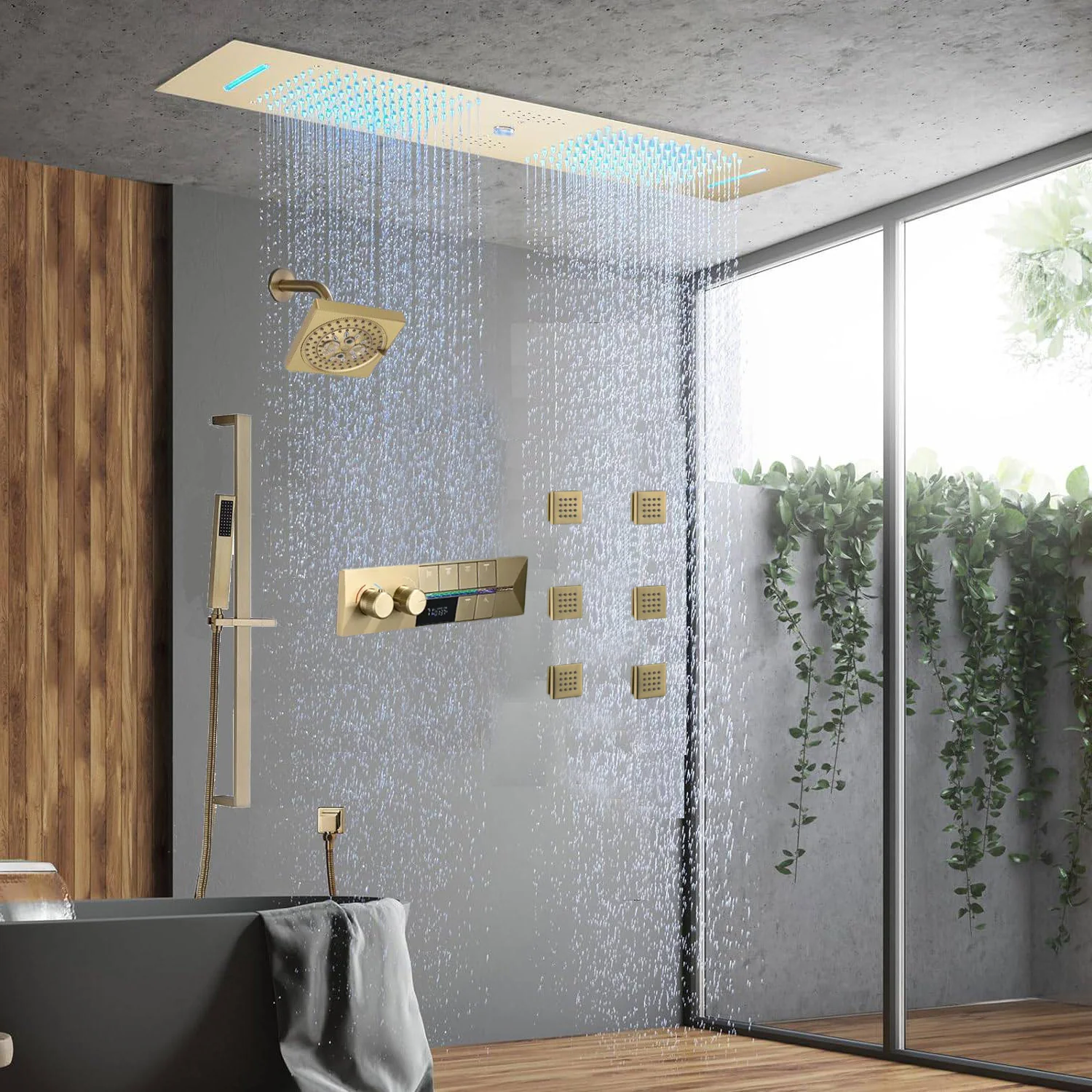 Brushed Gold 35" Bluetooth Music LED Shower System with Waterfall, 6-Way Digital Thermostatic Valve,  Body Jets, Touch Panel - Image 3