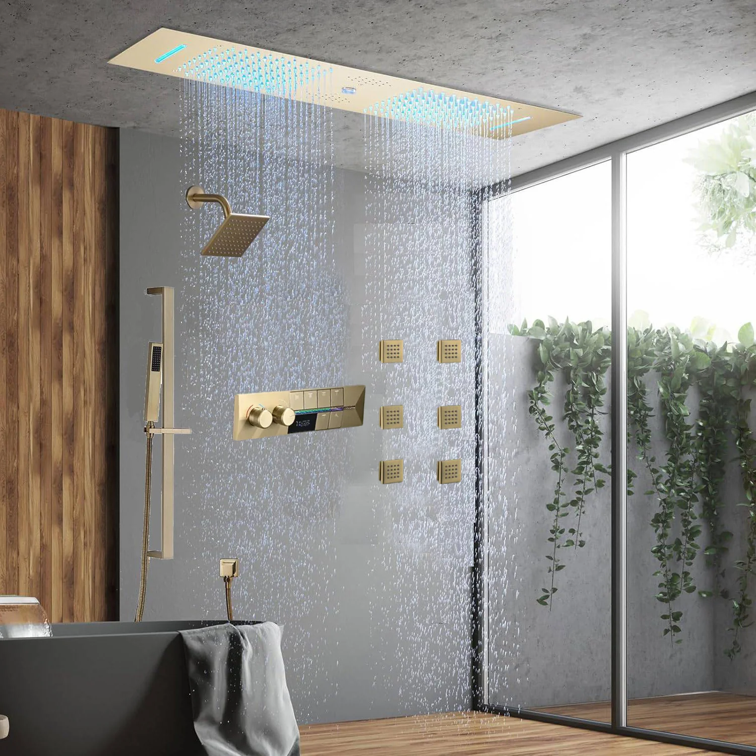 Brushed Gold 35" Bluetooth Music LED Shower System with Waterfall, 6-Way Digital Thermostatic Valve,  Body Jets, Touch Panel - Image 4