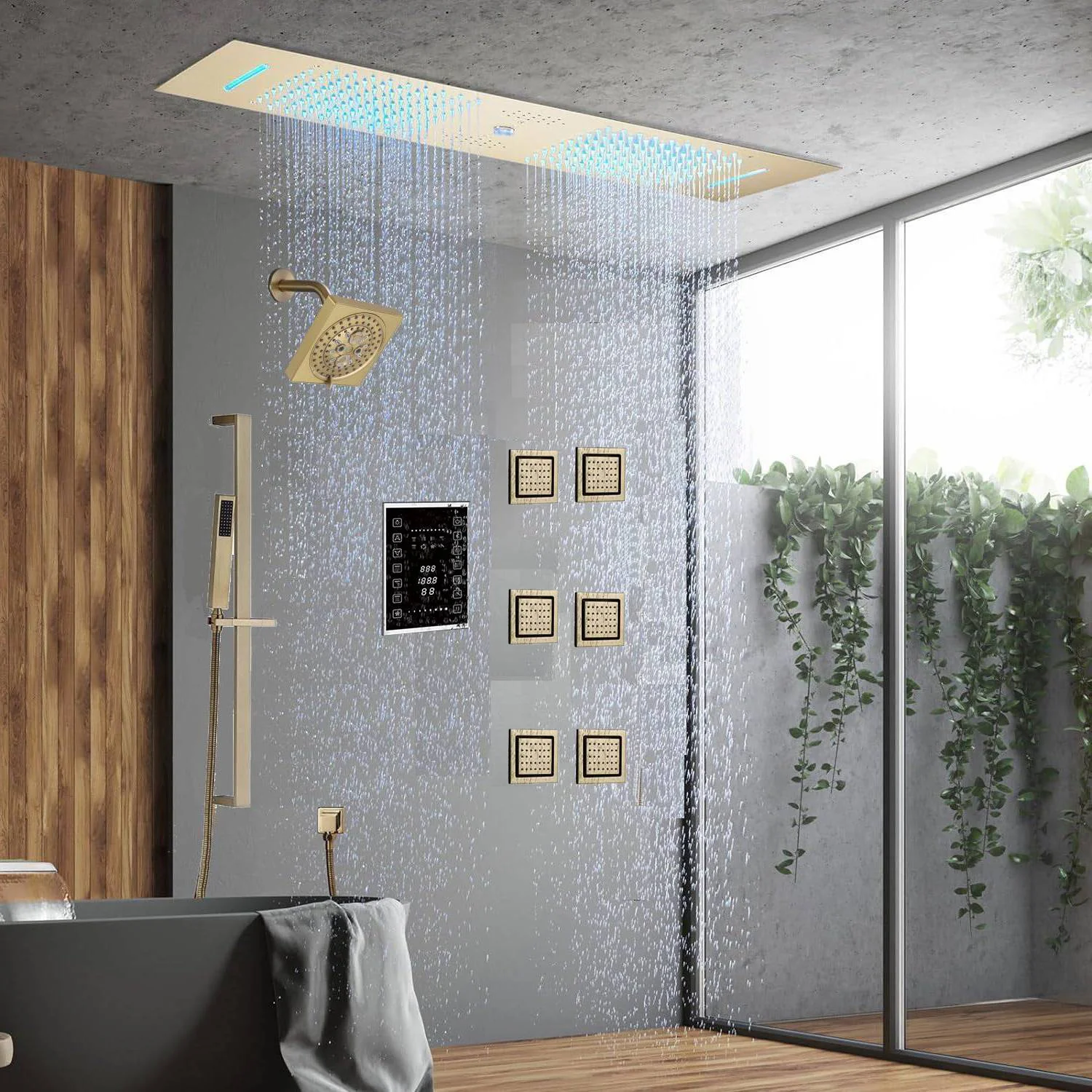 Brushed Gold 35" Bluetooth Music LED Shower System with Waterfall, 6-Way Touch Digital Thermostatic Valve, 3 Body Jets, Touch Panel - Image 3