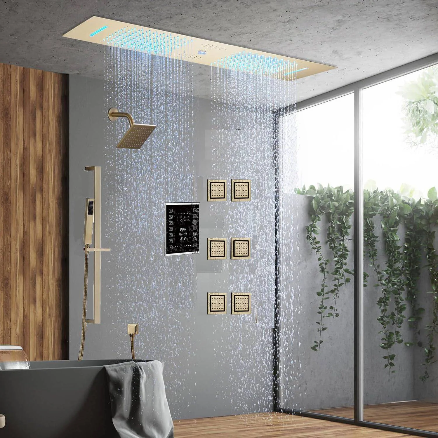 Brushed Gold 35" Bluetooth Music LED Shower System with Waterfall, 6-Way Touch Digital Thermostatic Valve, 3 Body Jets, Touch Panel - Image 4