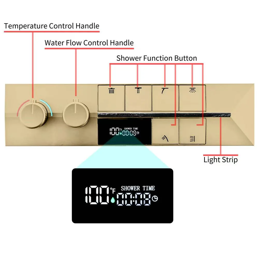 Brushed Gold 35" Bluetooth Music LED Shower System with Waterfall, 6-Way Digital Thermostatic Valve,  Body Jets, Touch Panel - Image 5