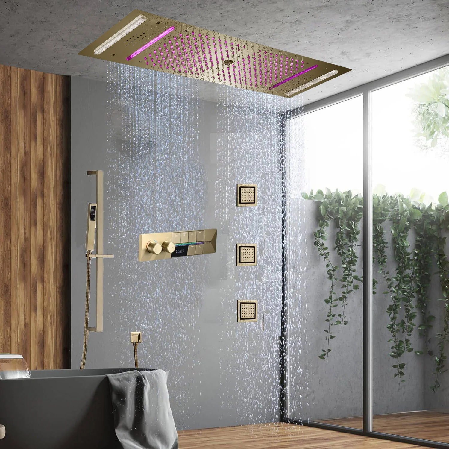 Brushed Gold 35" Bluetooth Music LED Shower System with Waterfall,rainfall water column  6-Way Digital Thermostatic Valve,  Body Jets, Touch Panel - Image 2