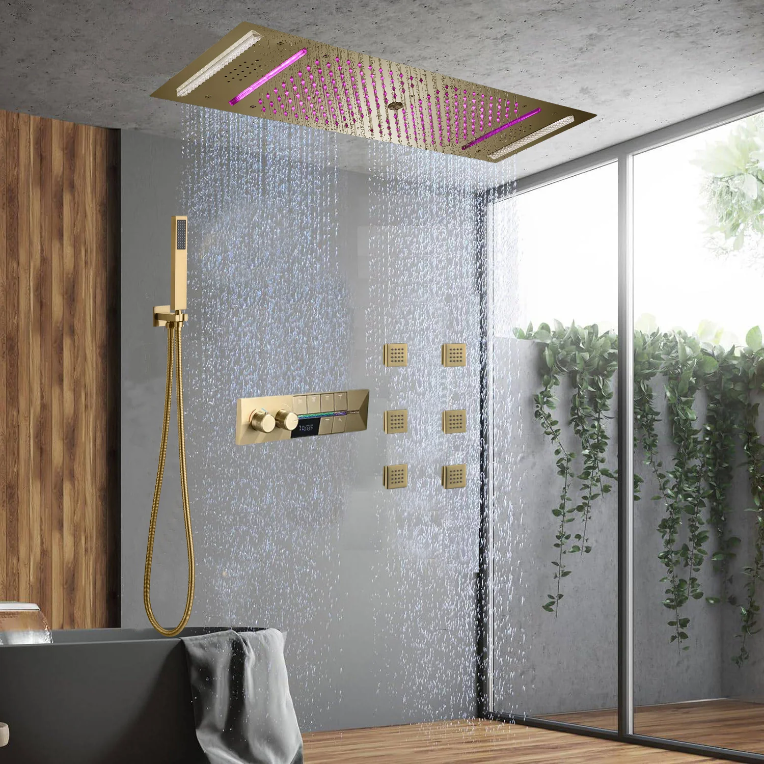 Brushed Gold 35" Bluetooth Music LED Shower System with Waterfall,rainfall water column  6-Way Digital Thermostatic Valve,  Body Jets, Touch Panel - Image 3