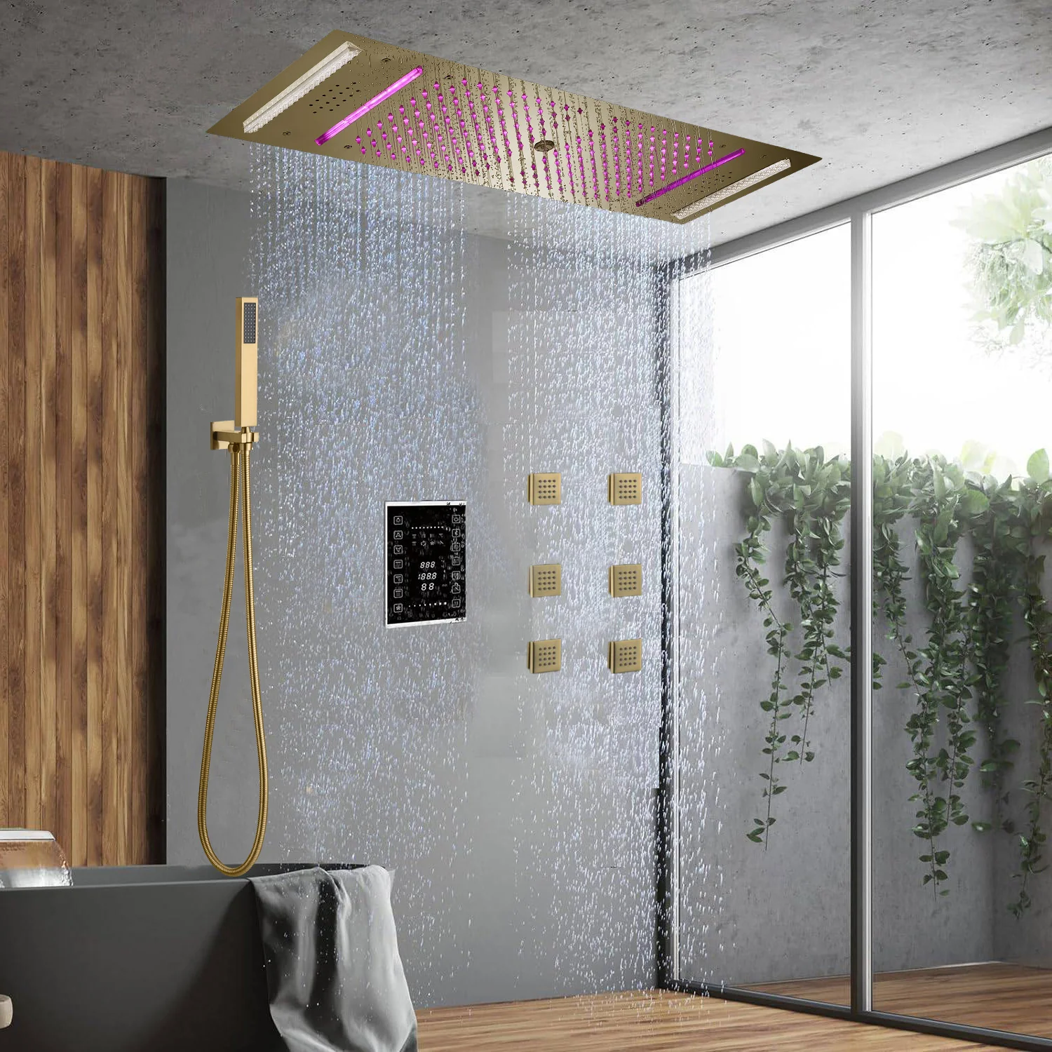 Brushed Gold 35" Bluetooth Music LED Shower System with Waterfall,rainfall water column  6-Way Digital Thermostatic Valve,  Body Jets, Touch Panel - Image 5
