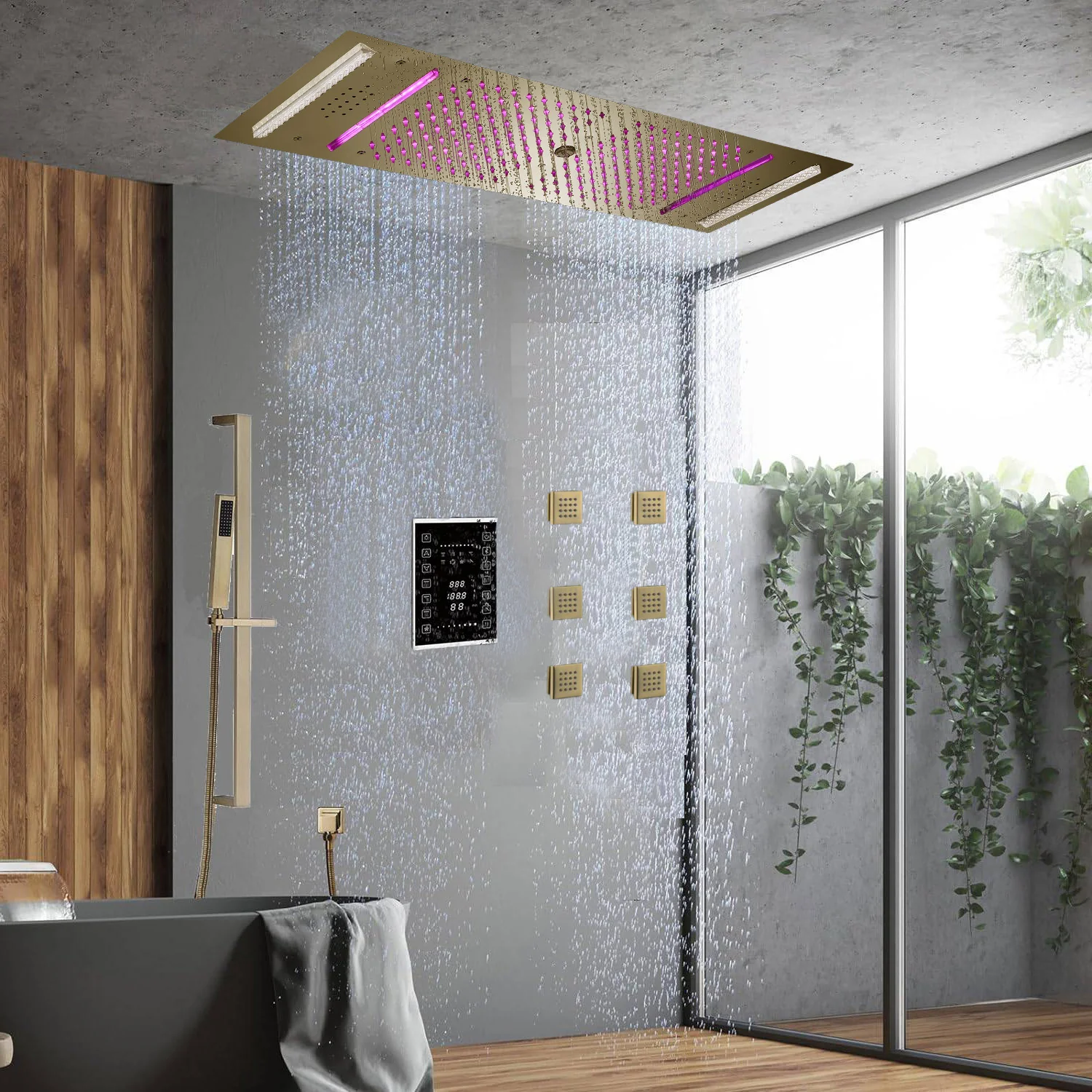 Brushed Gold 35" Bluetooth Music LED Shower System with Waterfall,rainfall water column  6-Way Digital Thermostatic Valve,  Body Jets, Touch Panel - Image 6