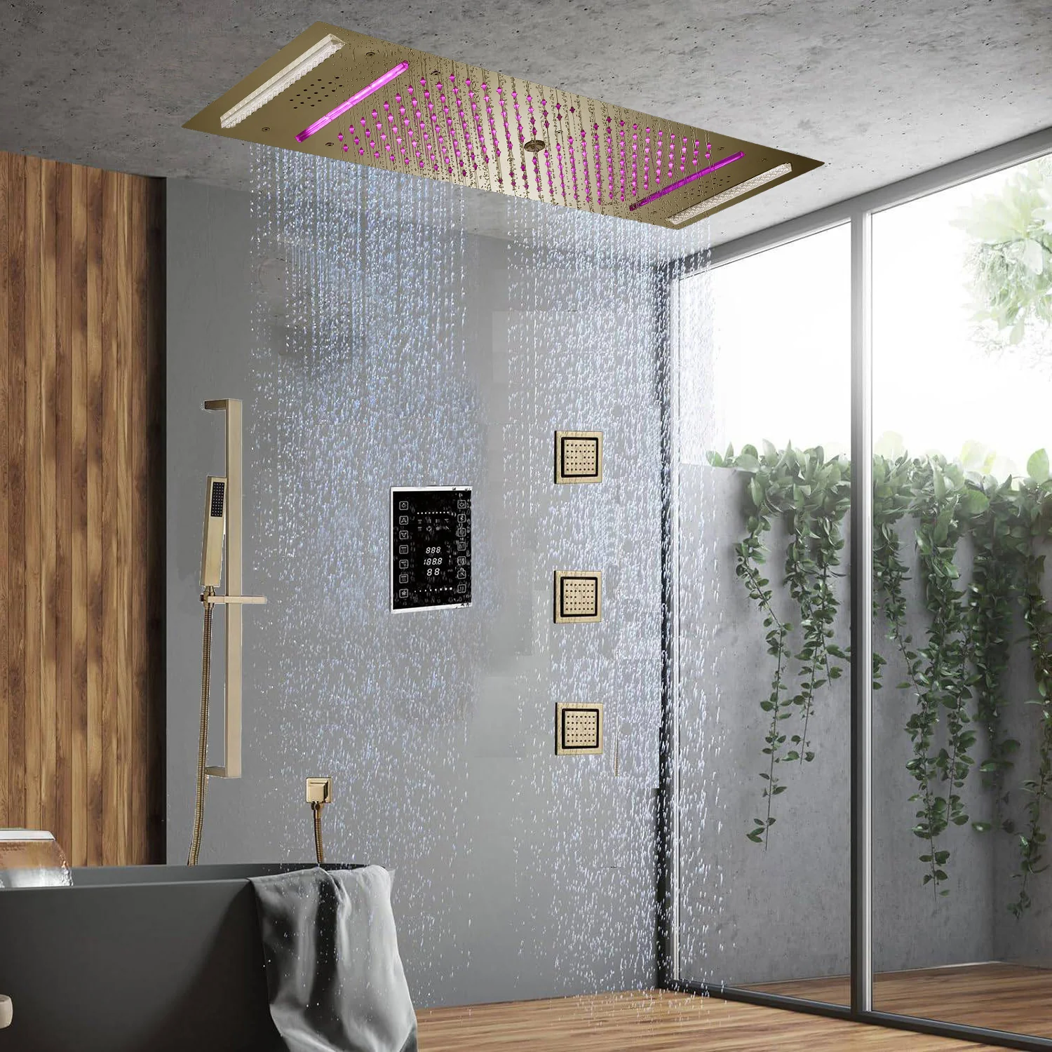 Brushed Gold 35" Bluetooth Music LED Shower System with Waterfall,rainfall water column  6-Way Digital Thermostatic Valve,  Body Jets, Touch Panel - Image 7