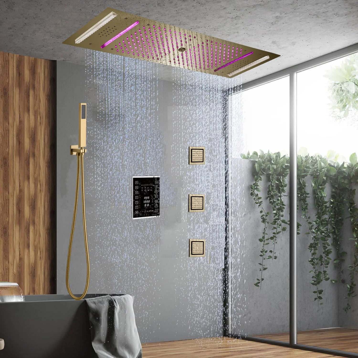 Brushed Gold 35" Bluetooth Music LED Shower System with Waterfall,rainfall water column  6-Way Digital Thermostatic Valve,  Body Jets, Touch Panel - Image 8