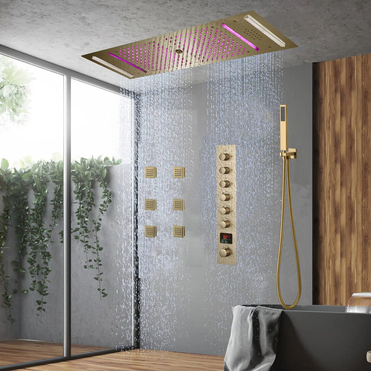 Brushed Gold 35" Bluetooth Music LED Shower System with Waterfall,rainfall water column  6-Way Digital Thermostatic Valve,  Body Jets, Touch Panel - Image 9