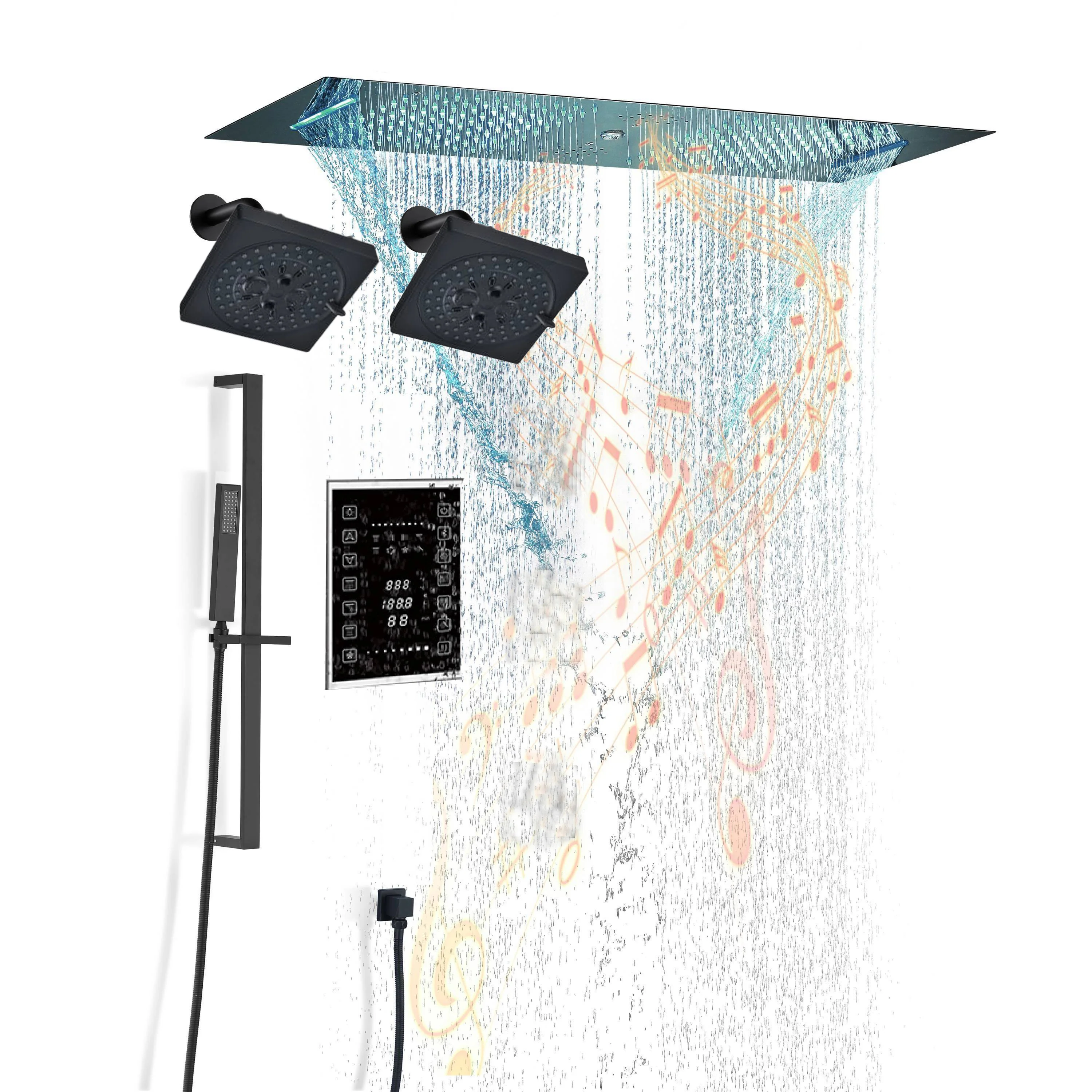 Brushed Gold or matte black or brushed nickel or chrome 35" Bluetooth Music LED Shower System with Waterfall, 6-Way Touch Digital Thermostatic Valve, Dual Regular Head, Touch Panel - Image 3